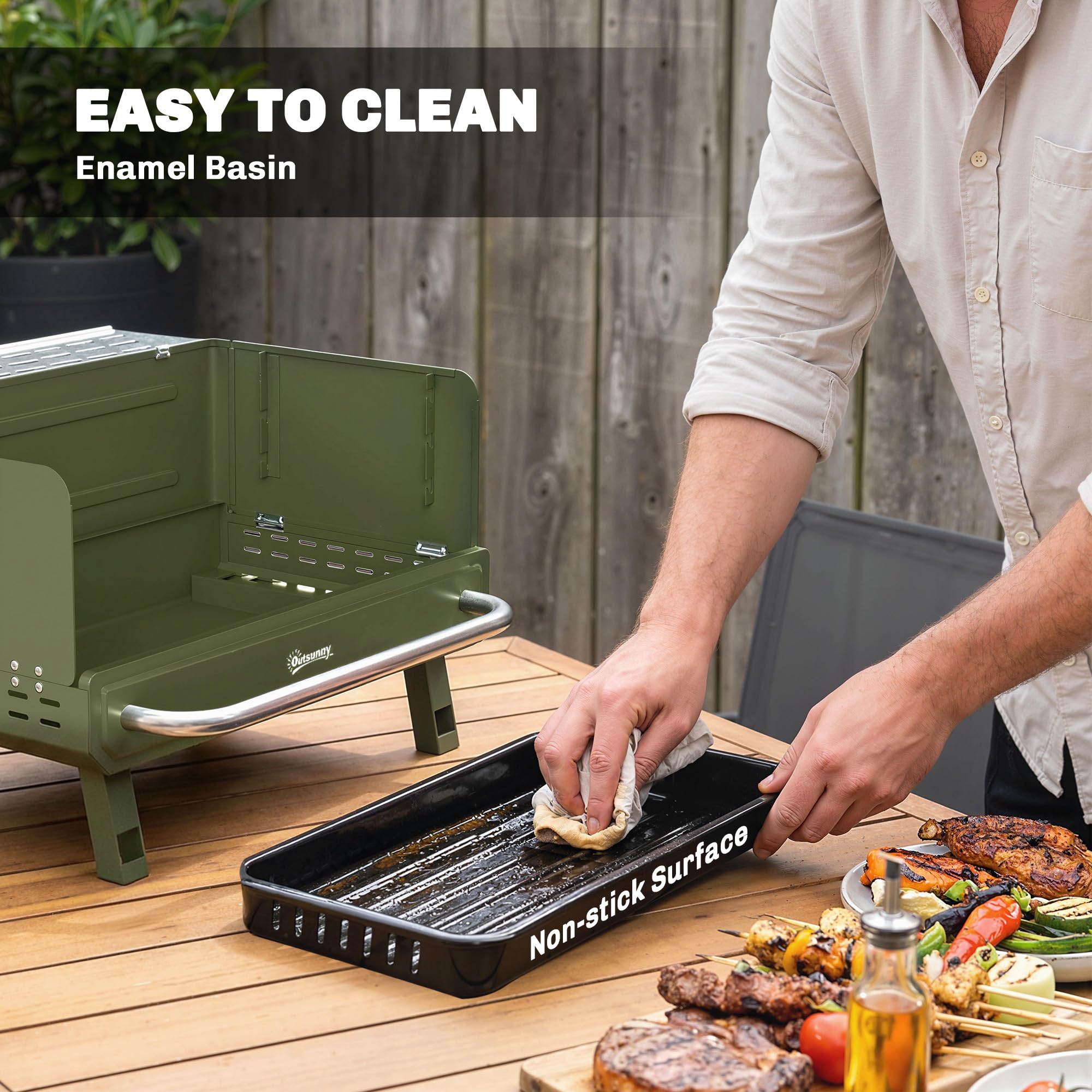 Outsunny Portable BBQ Grill, Charcoal Barbecue Grill with Adjustable Grates, Foldable Legs and Side Shelf for Camping Hiking Picnic Travel Garden Outdoor Cooking, Green — view 8