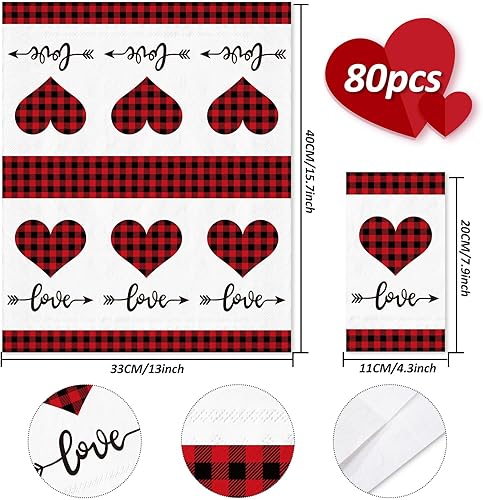 Miniatura 2 de Whaline Servilletas de papel desechables de 3 capas con corazón a cuadros rojos y negros para el día de San Valentín, servilletas de papel