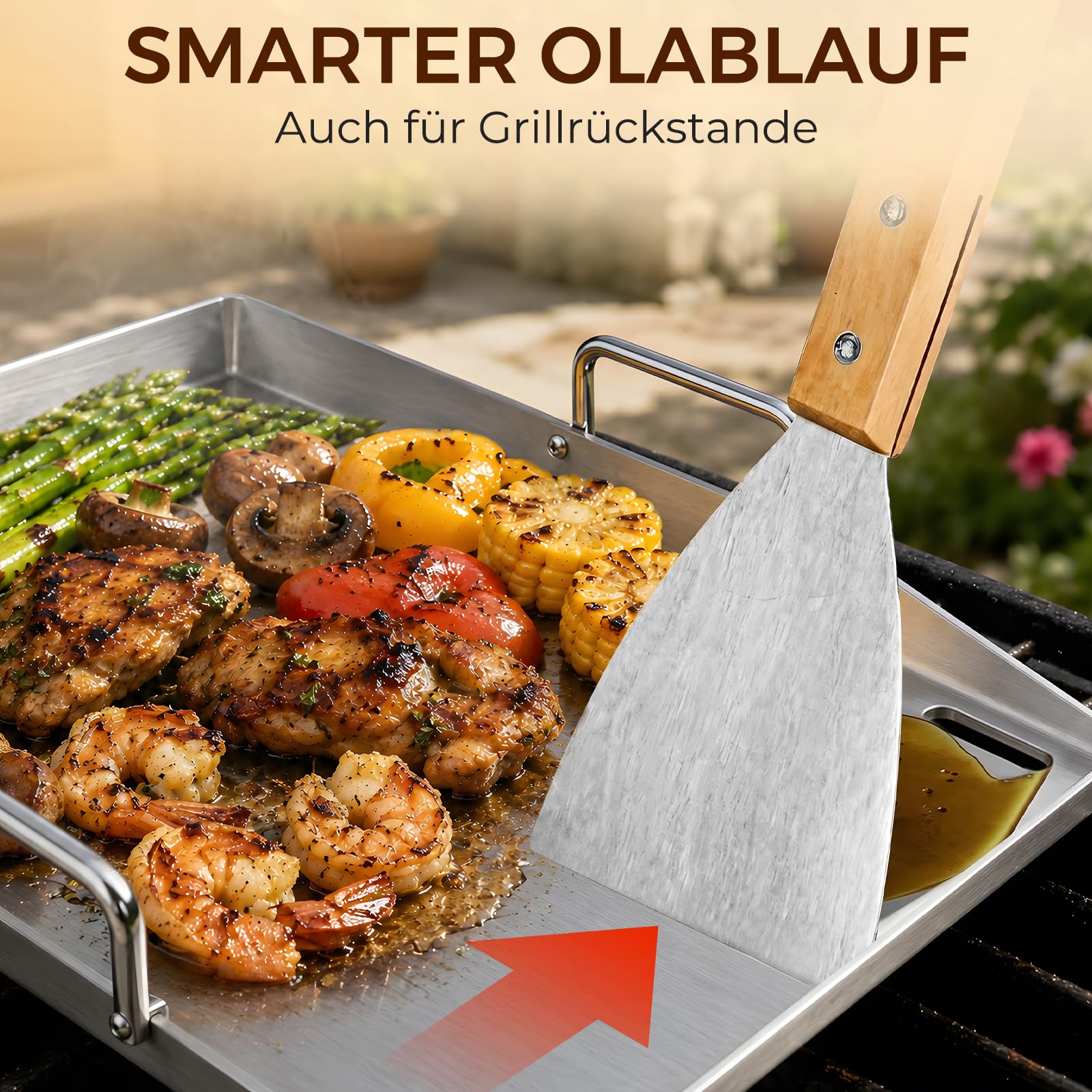Grillplatte Plancha Geschenke für Männer Frauen, Grillplatte aus 4mm rostfreiem Edelstahl [40 x 30cm]-mit Griff, Enthalten Grillspachtel Set & Reinigungsbürste, Grill Platte für Gasgrill & Kohlegrill
