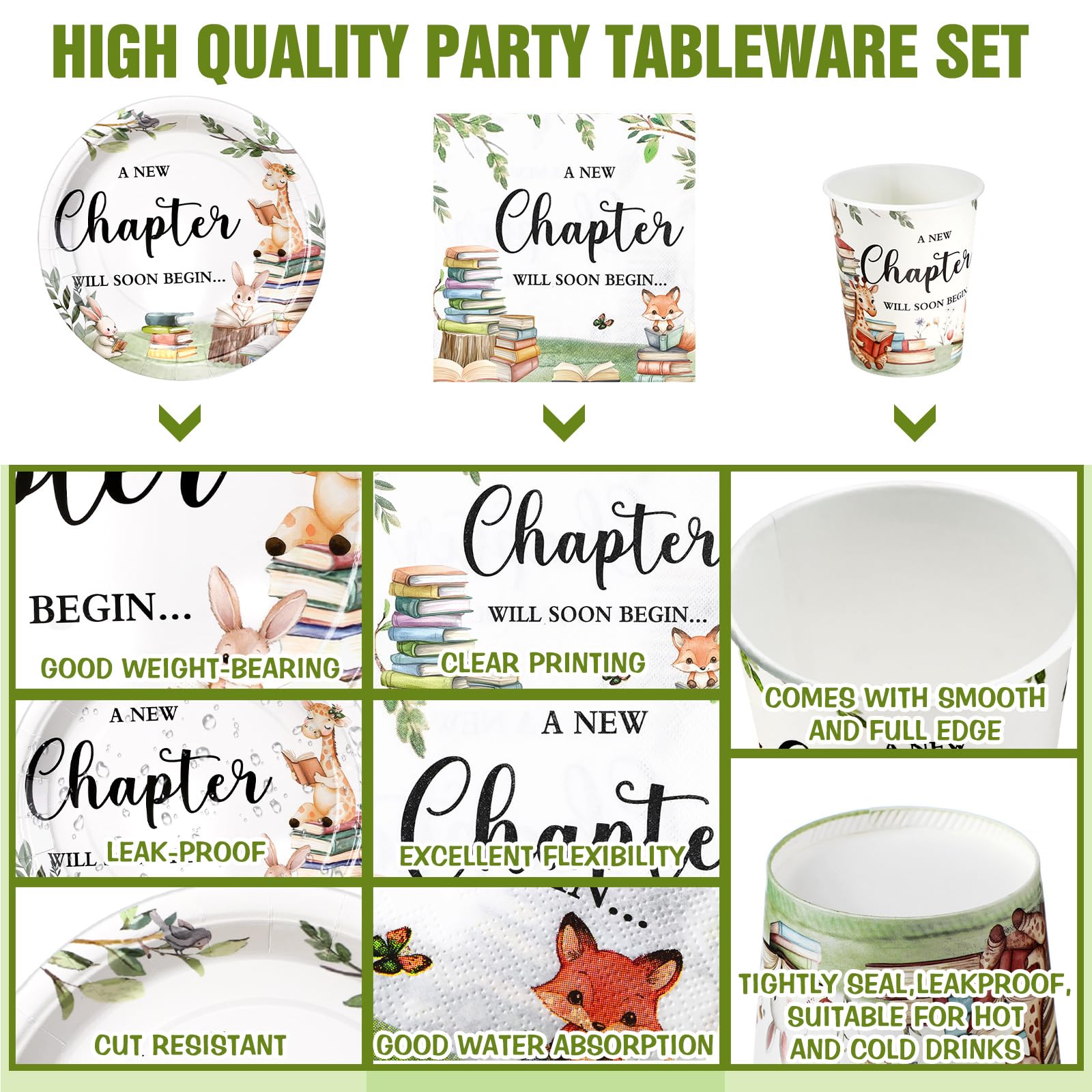 Hushee 200 platos de papel para baby shower, servilletas, vasos, suministros de fiesta de baby shower, juego de vajilla desechable para 50 invitados decoración de fiesta (estilo club de libros)