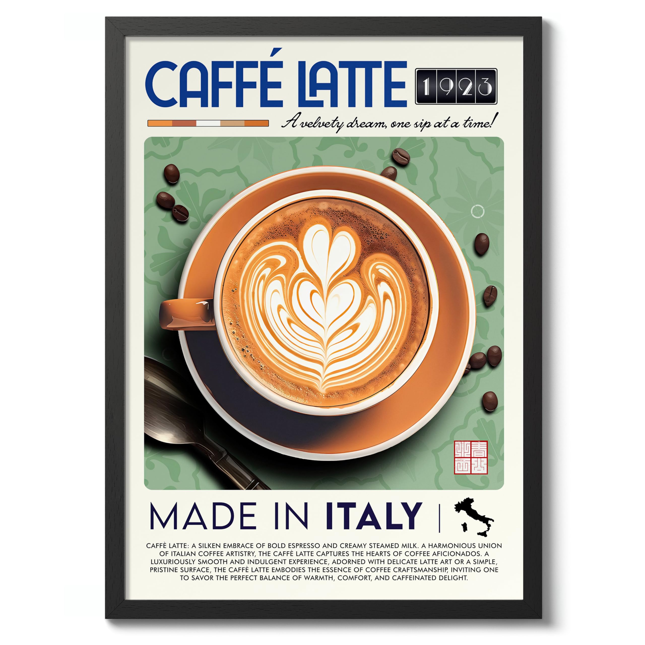 Caffe Latte Kitchen Poster, Food Wall Art Modern Print, Restaurant Decor, Chef Dining Room Interior Design, Archival Matte, A4 (Black Frame) - 29.7x21cm โ image 1