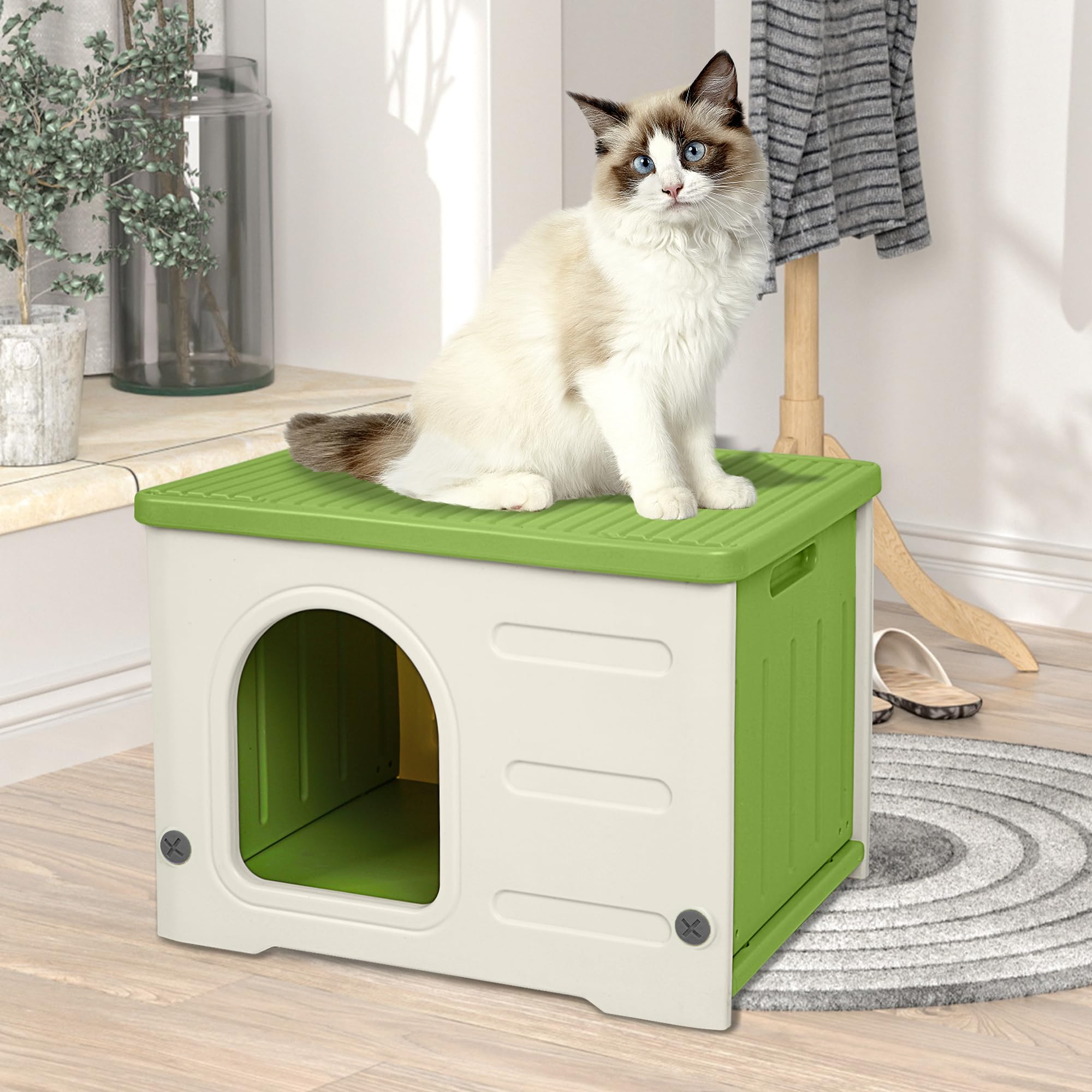 Casetta per gatti in plastica, resistente all'inverno, impilabile, isolata, impermeabile, verde