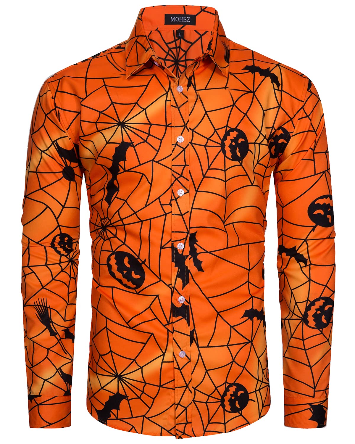 MOHEZ Mens Halloween Shirt Ugly Pumpkin Casual Long Sleeve Funny Button Down Shirts Spider Web Print Adult Costume Orange XX-Large