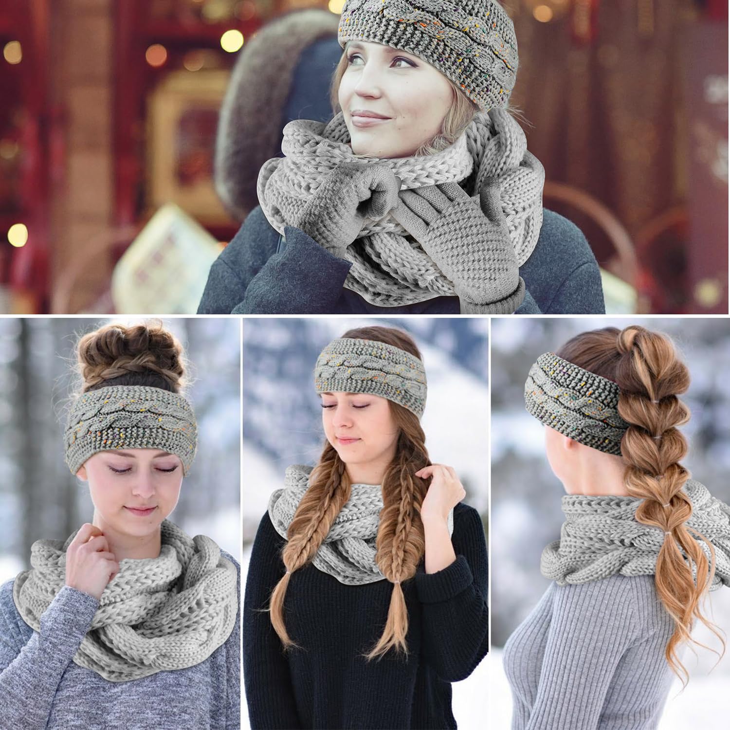 Schal, Stirnband & Handschuh-Sets für Damen, Loop Schal Damen,Warme Verdicken Stirnband Mädchen Winter,Touchscreen Handschuhe Damen Winterschal Kombi Ohrenwärmer Set Damen Geschenk Winterzubehör