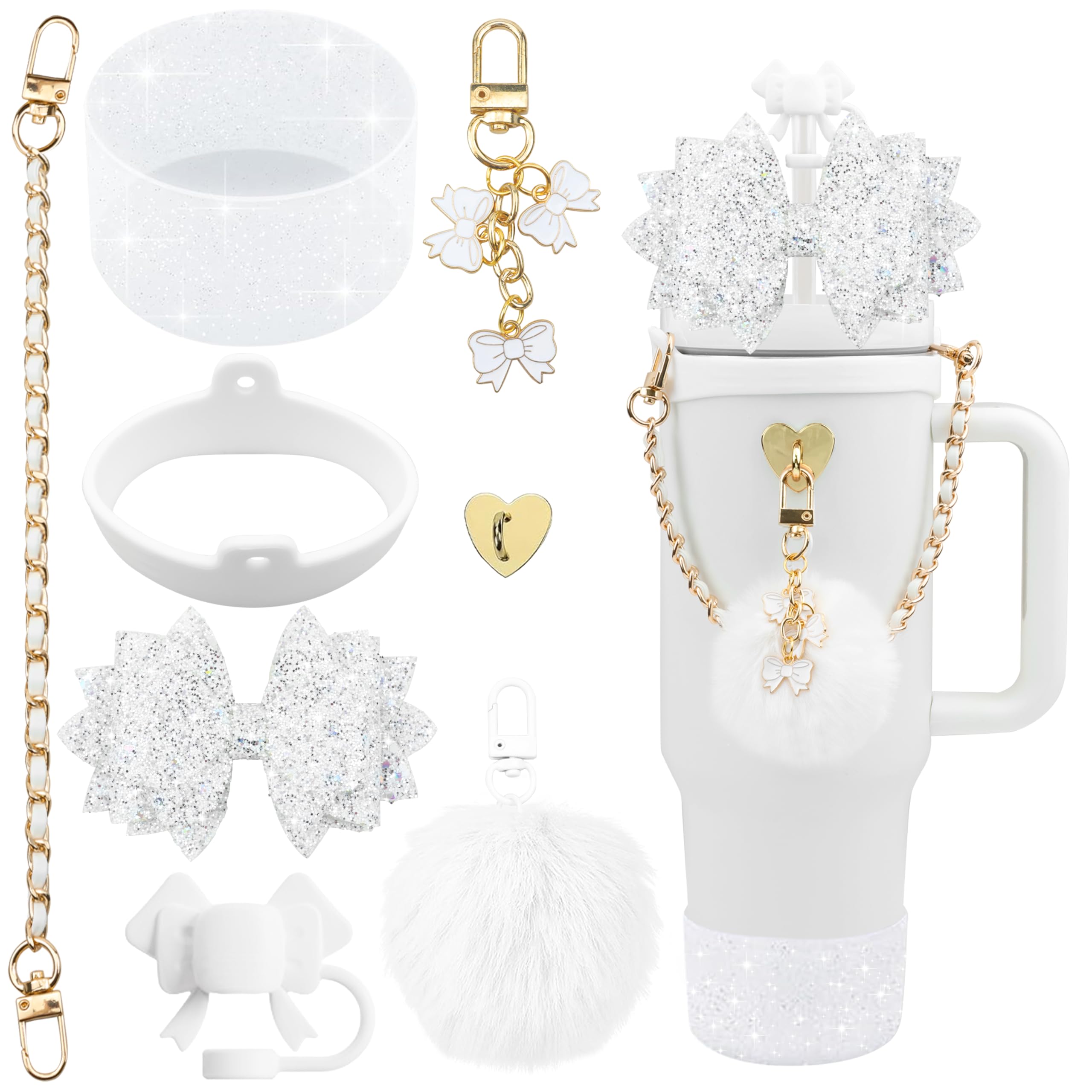 SEMATA Bling Accessories for Stanley Cup 40oz & 30oz Tumbler Including Silicone Cute Bow Straw Topper Cover, Silicone Boot for Stanley Cup,Leather