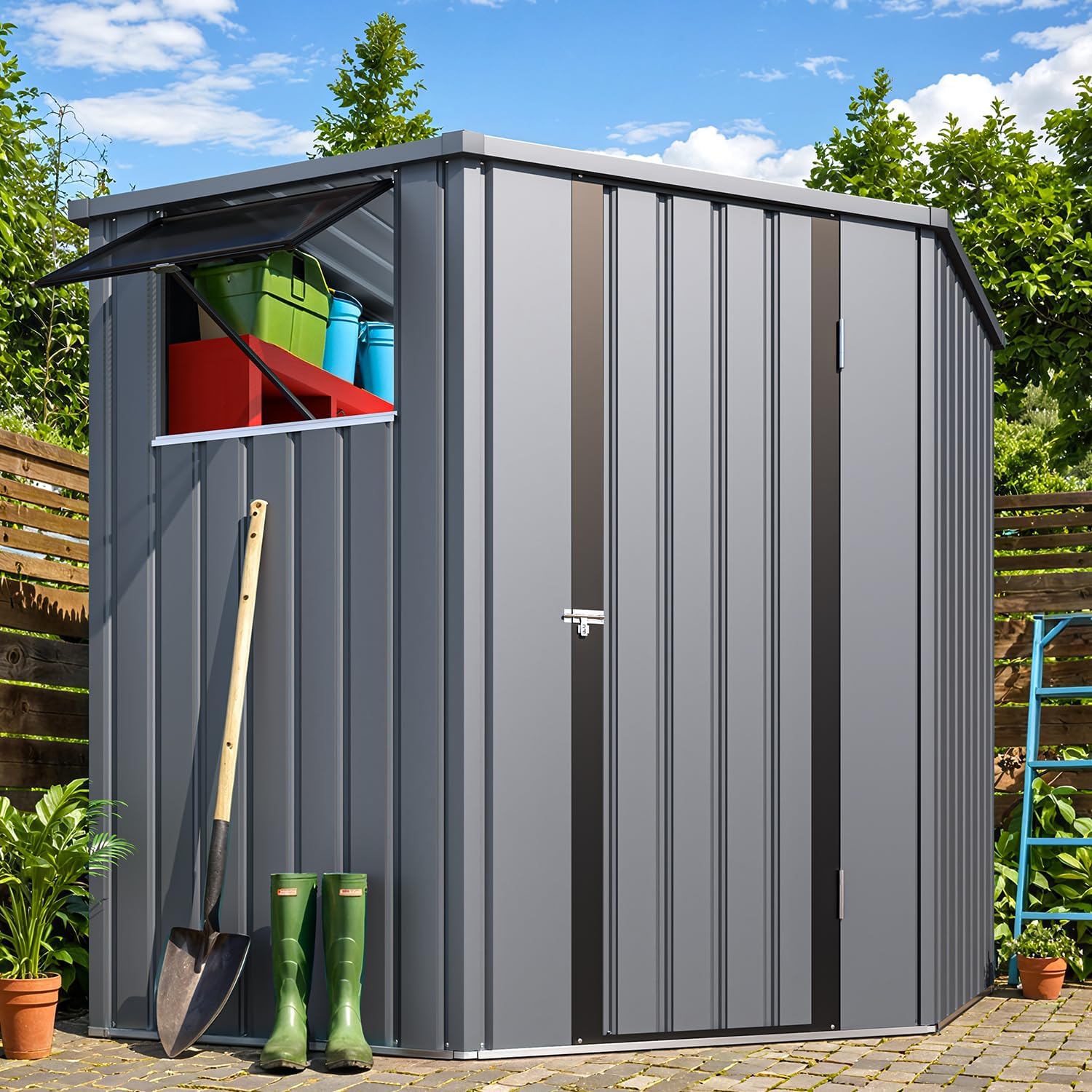 AECOJOY Corner 6x6 Storage Sheds & Outdoor Storage with Openable Windows, Metal Steel Backyard Shed with Lockable Doors, Utility and Tool Storage for Garden, Backyard, Patio, Outside use