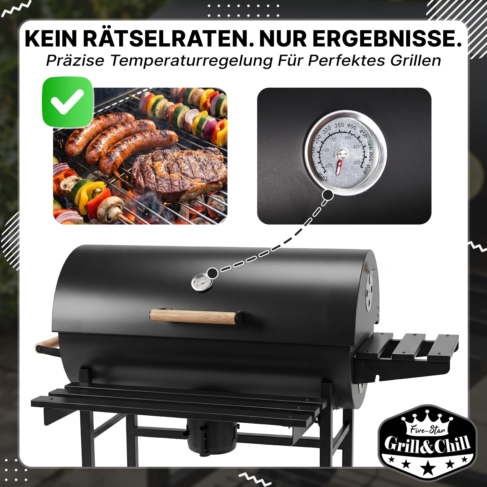 Five-Star Grill&Chill Holzkohlegrill mit Deckel – Großer Grillwagen mit Chromrost 71×35 cm & Thermometer – Für Garten & Terrasse – Aschekasten, Lüftungsöffnungen, 2 Räder