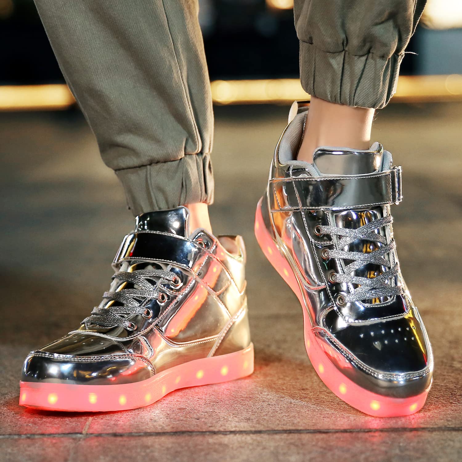 JEVRITE Unisex LED Light Up High Top Sneakers - USB Charging for Women & Men - Couples Shoes: 10.5 Women/8.5 Men Silver