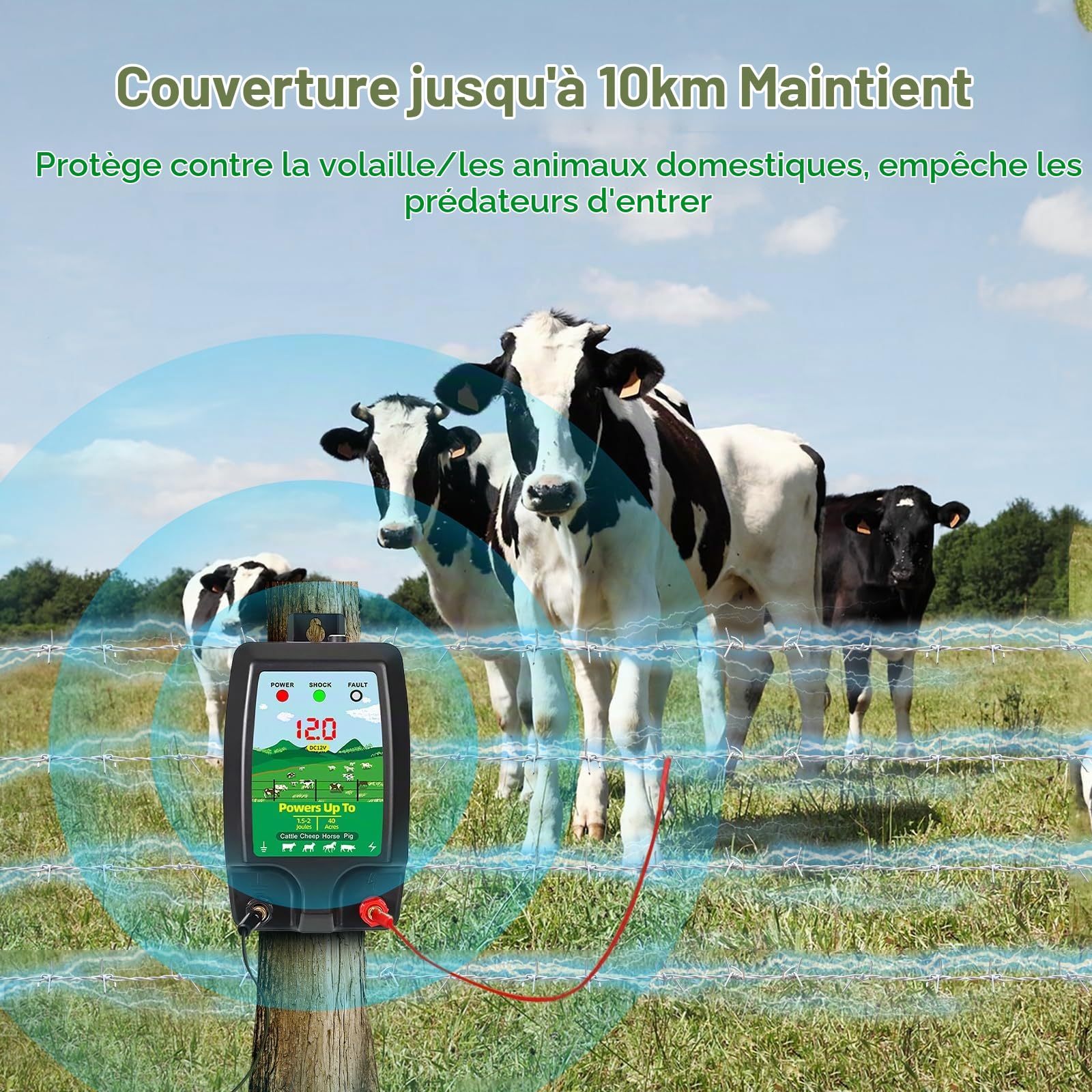Cloture Electrique 12V avec Affichage LED, Électrificateur de Clôture Électrique pour Chiens Bovins Moutons Chevaux Animaux, Sortie 2J Haute Puissance Portée jusqu’à 10KM