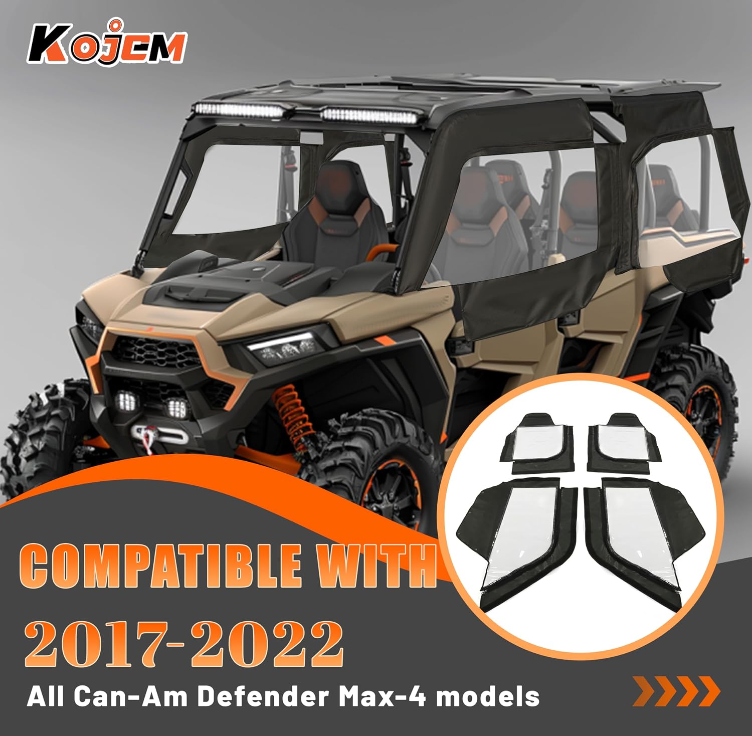 Kojem Soft Upper Door Compatible with 2017-2022 All Can-Am Defender Max-4 Models Top Enclosure Rollable Window Door Soft Cab Doors Side by Side Accessories Sailcloth Vinyl Plastic