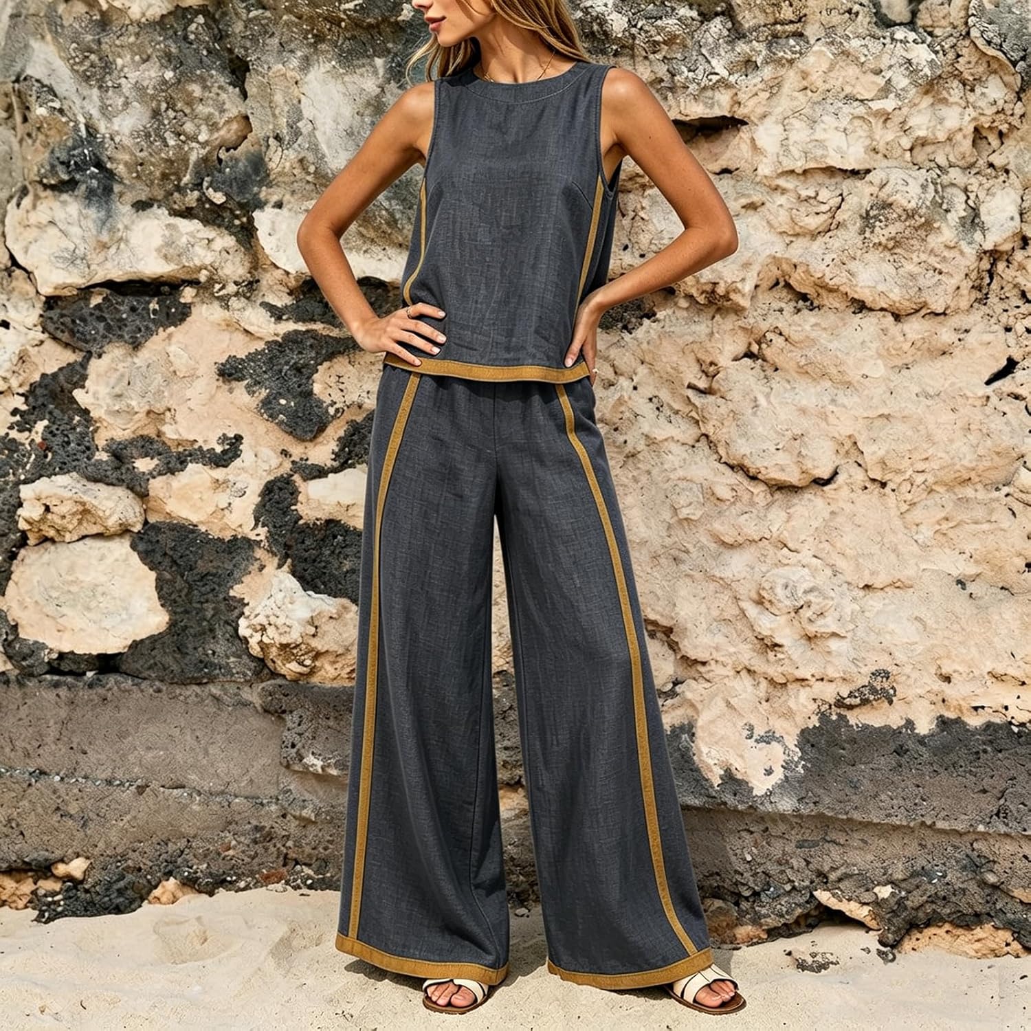 2 Piece Sets for Women Color Block Linen Lounge Sets Sleeveless Top Wide Leg Pants Matching Casual Travel Outfit