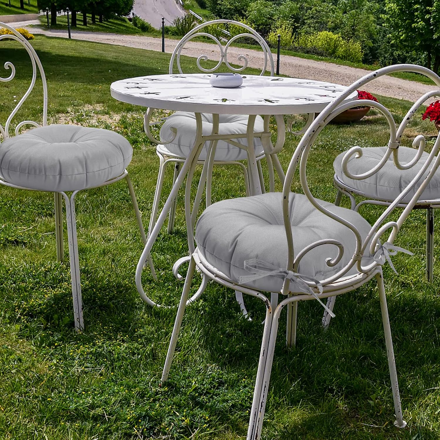GUEGLSA Outdoor Tufted Round Cushions 18 inch, Waterproof Bistro Chair Cushions 18"x18"x3", Circular Seat Pads with Ties for Patio Garden Footstool Papasan Chair, Set of 2, Grey