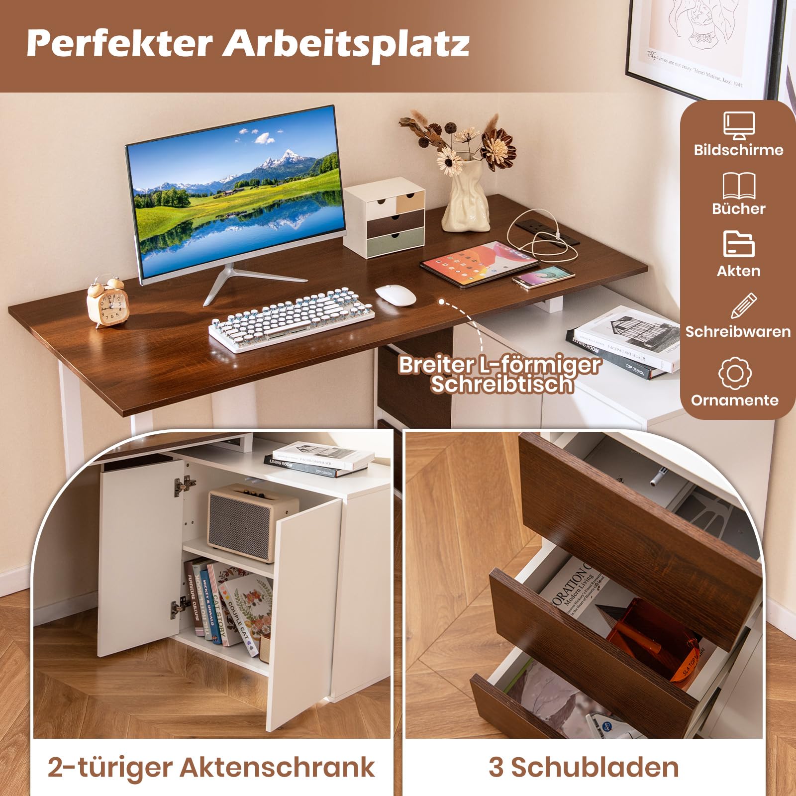 COSTWAY L-förmiger Schreibtisch mit Ladestation & Aktenschrank, Eckschreibtisch umkehrbar mit 3 Schubladen & 2 Türen, Computertisch aus Holz mit Metallrahmen für Zuhause & Büro (Braun)