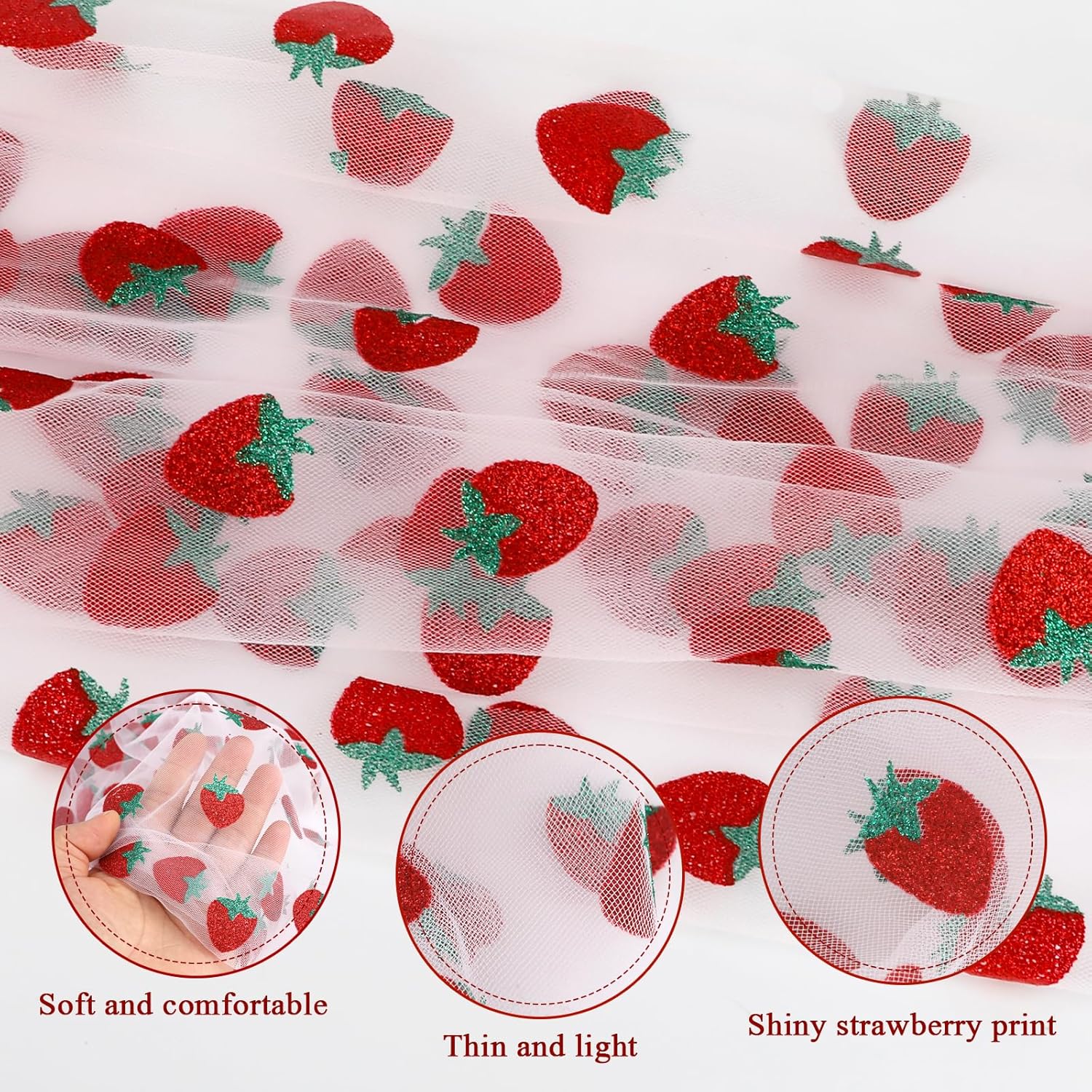 4 Pcs Strawberry Table Runner, Pink Glitter Strawberry Theme Birthday Decorations, Nylon Tulle Tablecloth for Berry First Birthday Party, Spring Summer Tea Party Decor, 9.8 x 7.9 Inch