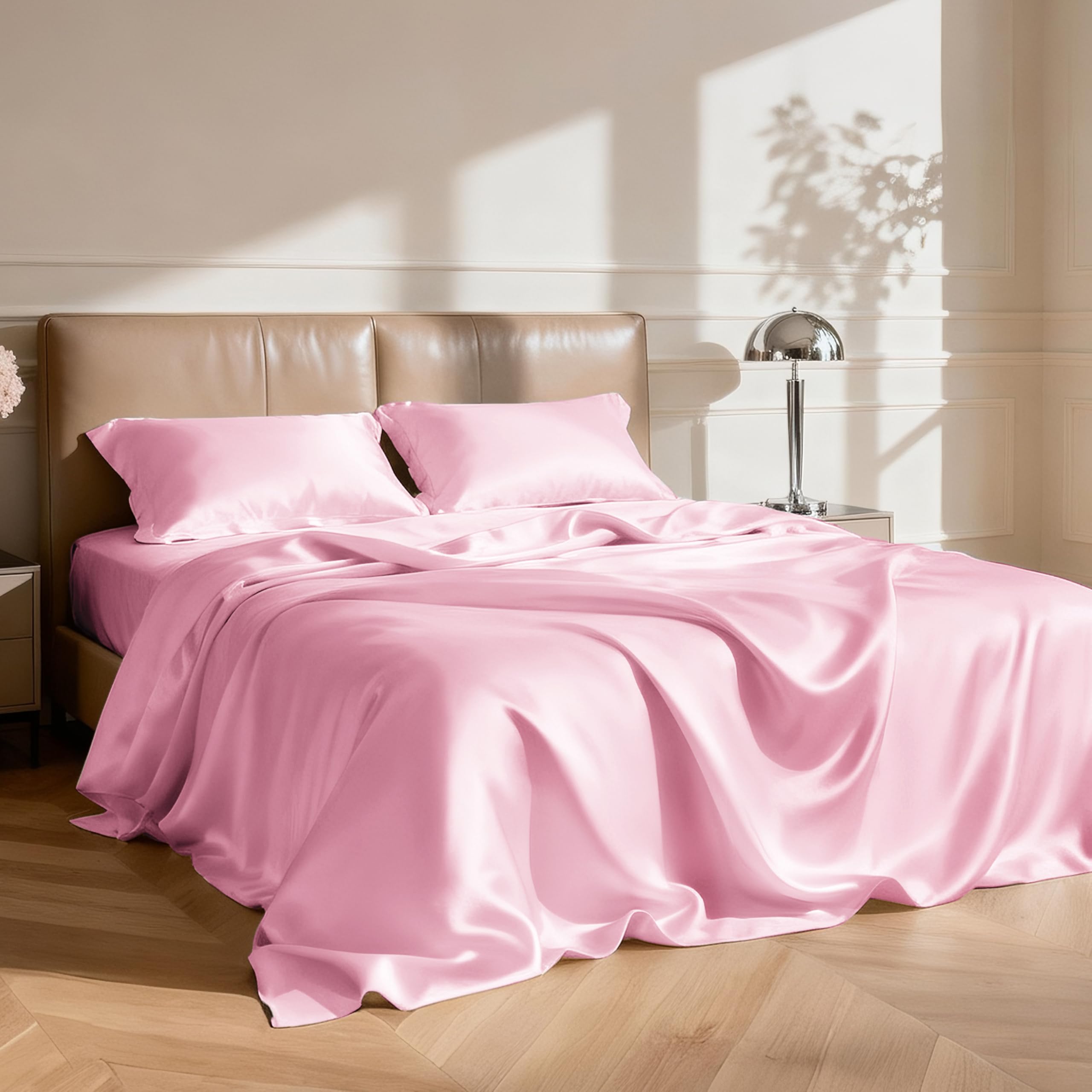 Love's cabin Satin Queen Sheets Set - 4 Piece Pink Silky Bed Sheets Set with Deep Pocket, Luxury Silk Feel Satin Queen Size Sheet Set (1 Flat Sheet, 1 Fitted Sheet, 2 Pillow Cases): Queen Pink.