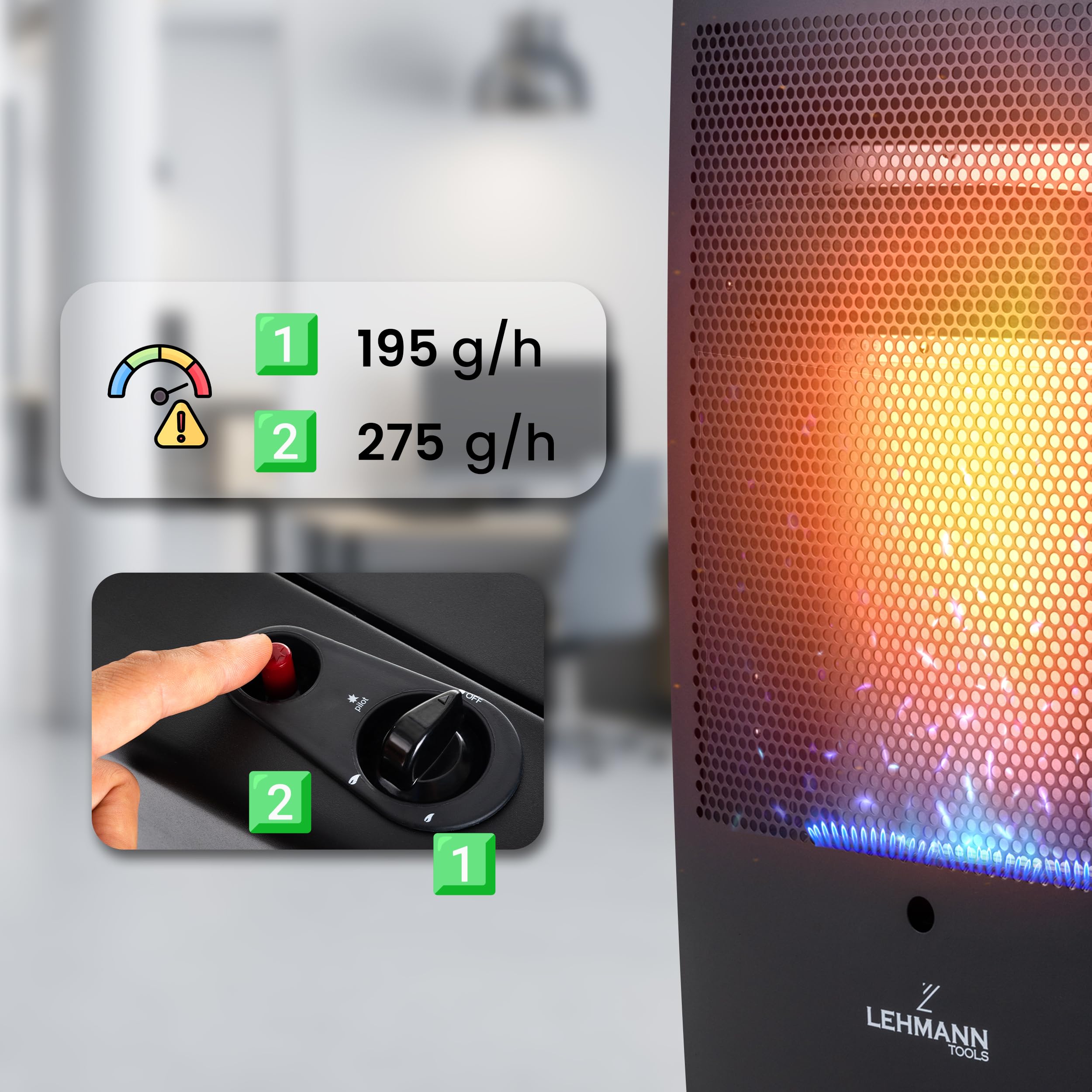 LEHMANN Poêle à gaz 3,8 kW avec 2 niveaux de chauffage, flamme bleue, allumage piézoélectrique, arrêt de sécurité, roues, chauffage pour pièces jusqu'à 80 m², GPL/Propane/Butane