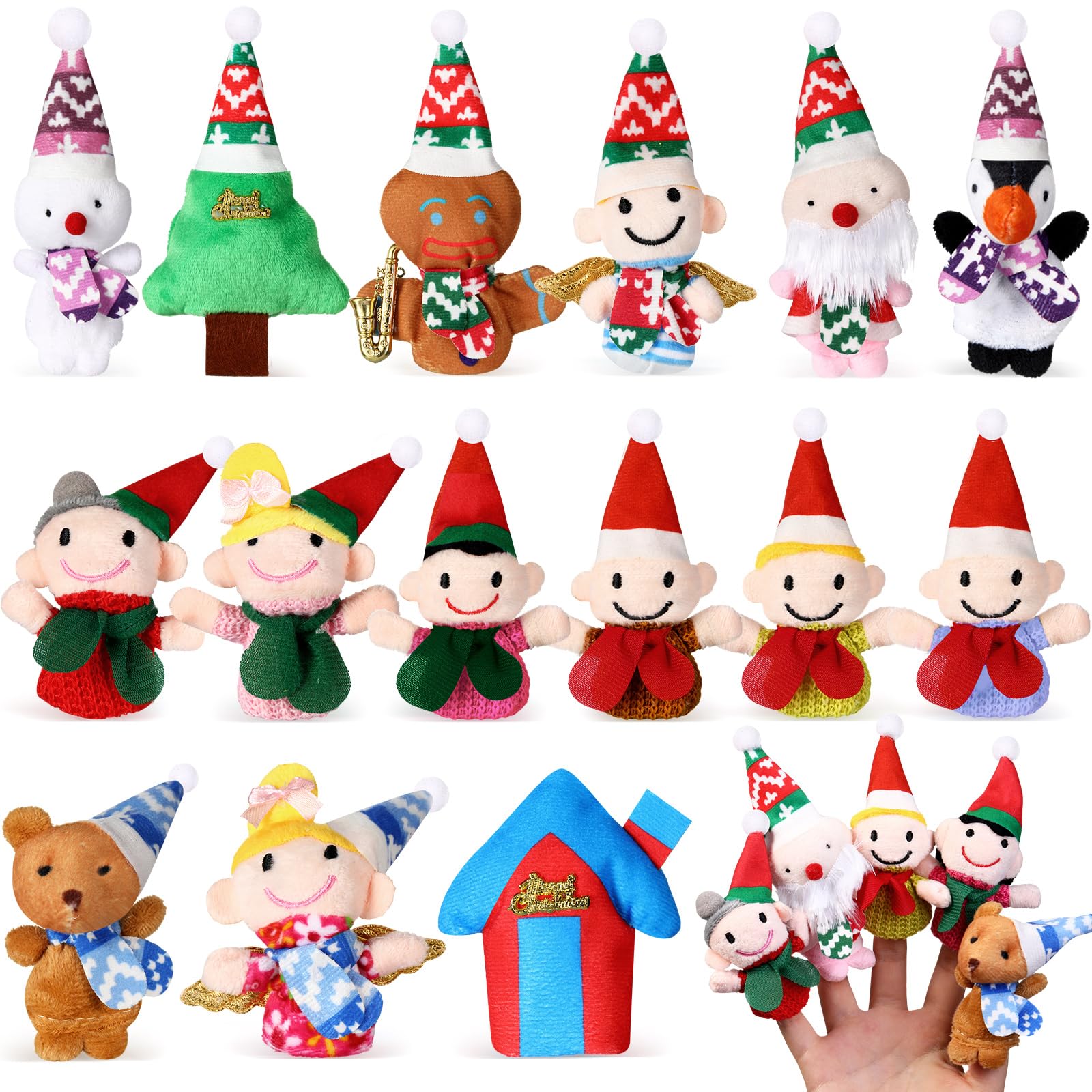 5 Marionnettes à Doigts De Noël - Père Noël, Bonhomme De Neige, En Bois Et Tissu Non Tissé, 11x8 Cm | Pour Enfants, Histoires, Fêtes, Cadeau