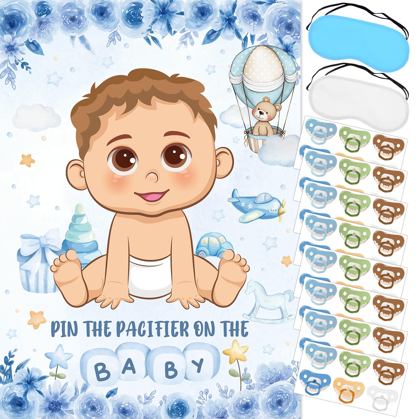 Photo 1 of VOSINPADA Pin the Pacifier on the Baby Game - Blue Bear Baby Shower Decoration