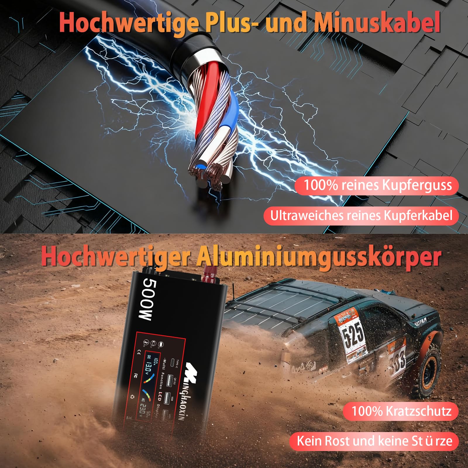 500W/1000W Wechselrichter 12v auf 230v Reiner Sinus Spannungswandler Mit EU Steckdosen Und 3 USB Und Netzkabel Und LCD 500w Kfz Inverter Für Camping-Einsatzfahrzeuge, LKW Und Wohnmobile