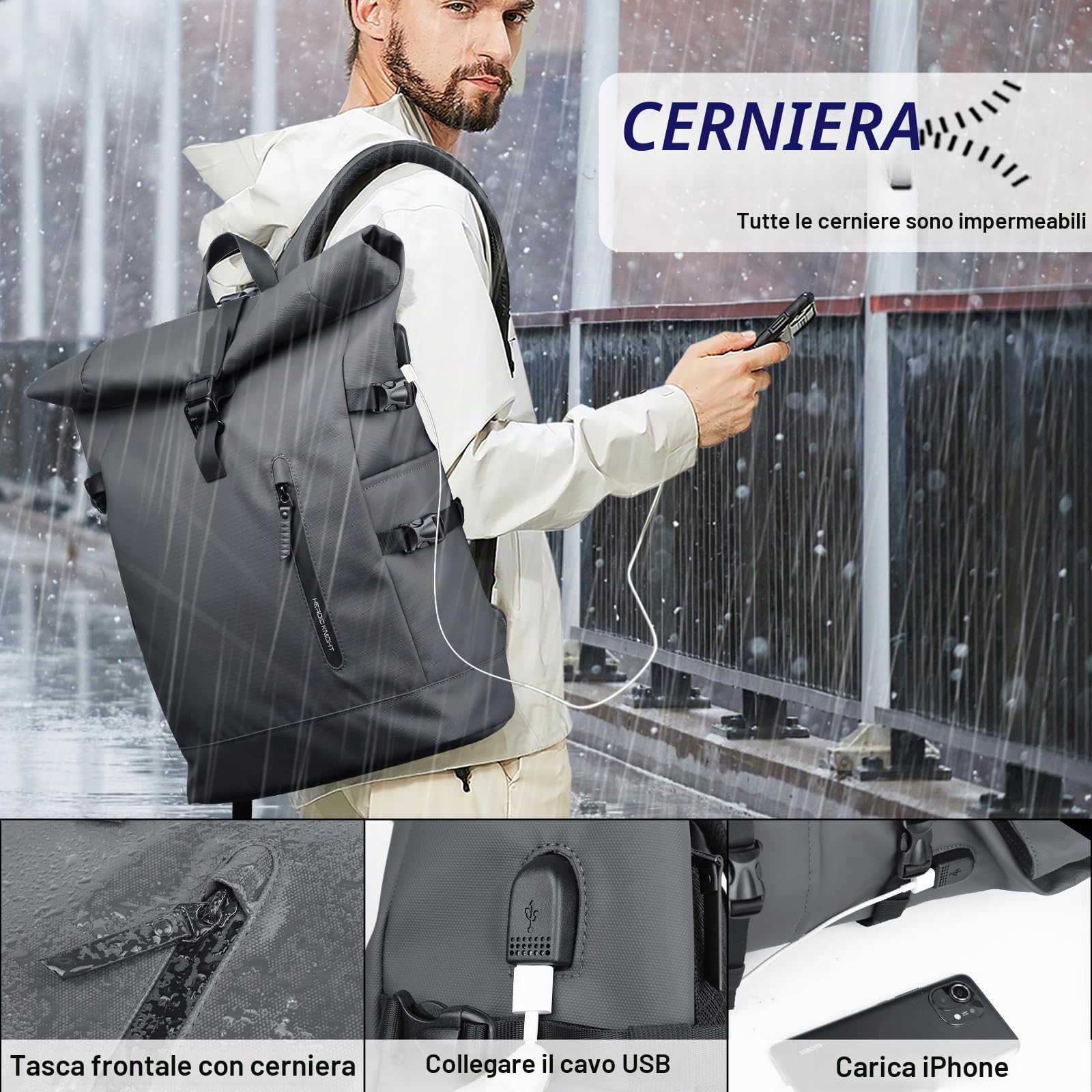 hk Zaino Rolltop 23L Impermeabile per Laptop da 15,6 Pollici | con Porta USB, Zaino Antifurto Leggero per Uomini e Donne, Ideale per Scuola, Università, Lavoro e Tempo Libero