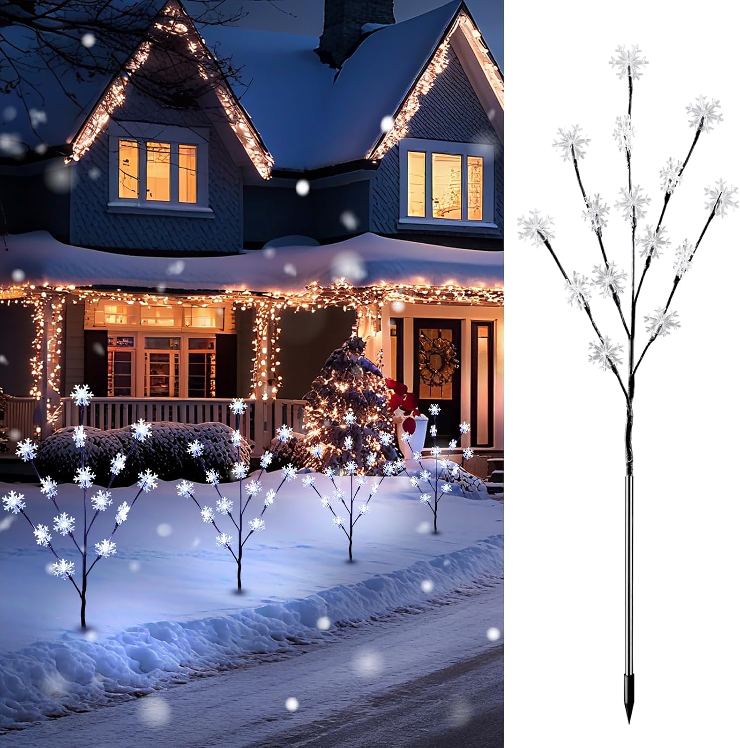 Brightown Snowflake Lights Outdoor Pathway, 4 Packs Lighted Branches Christmas Yard Decor, Small Christmas Tree with Lights, Twig Branch Light Outdoor Christmas Decorations Yard, White Cool White 4 Trees