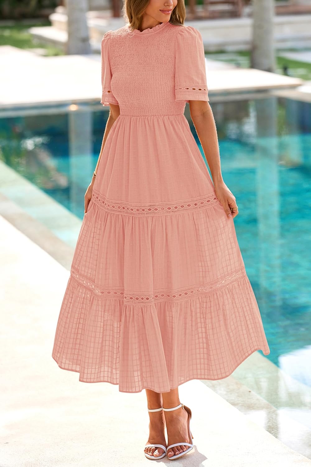 dowerme Summer Dresses for Women 2025 Casual Boho Hollow Out Short Sleeve Ruffle Mock Neck Smocked Maxi Gingham Sundress - Image 6