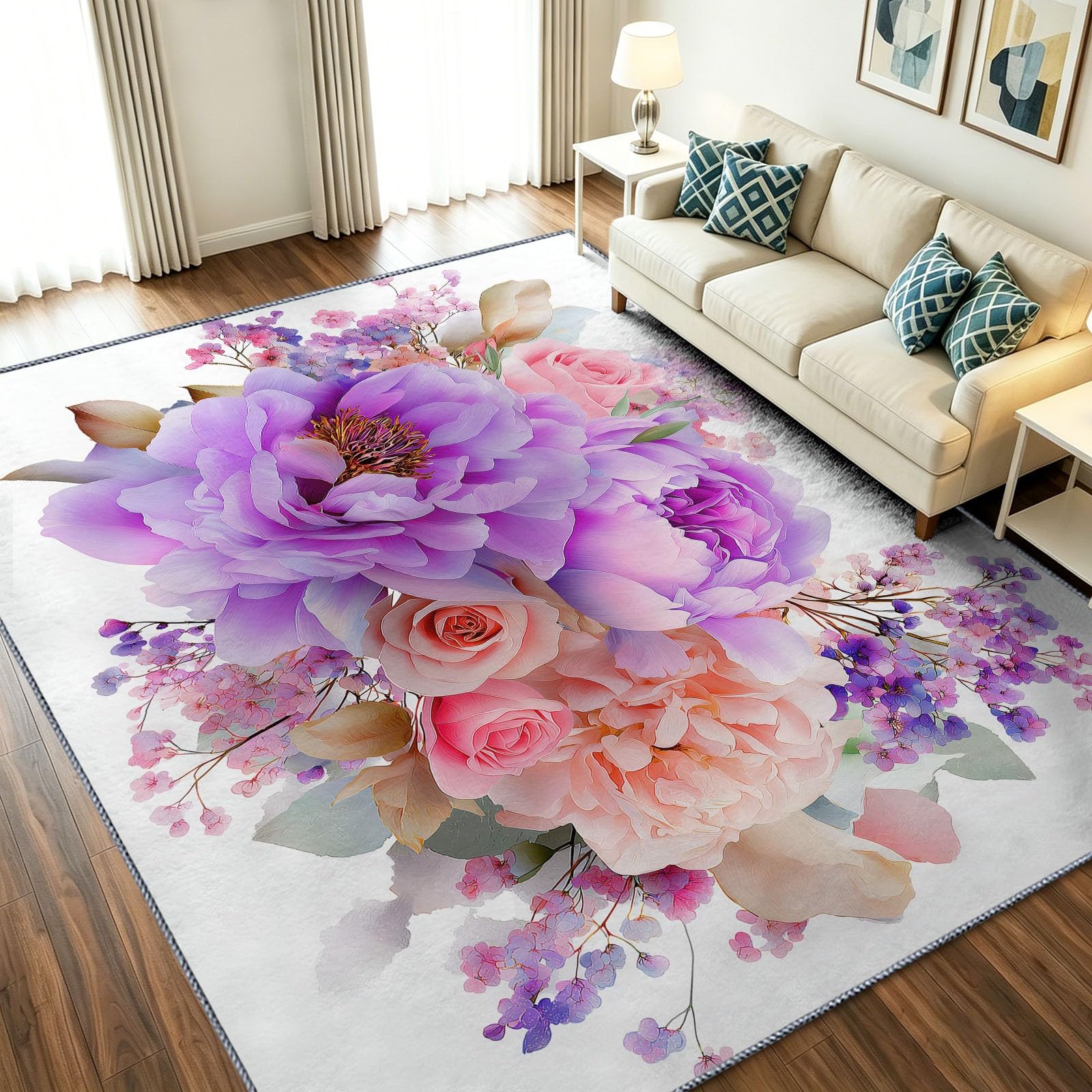 Generisch Botanisch Floral Blumen Teppich Wohnzimmer 80 x 150 cm, Weiß Waschbarer Teppich Wohnzimmer Schlafzimmer, Antibakteriell Antirutschunterlage Küchenteppich