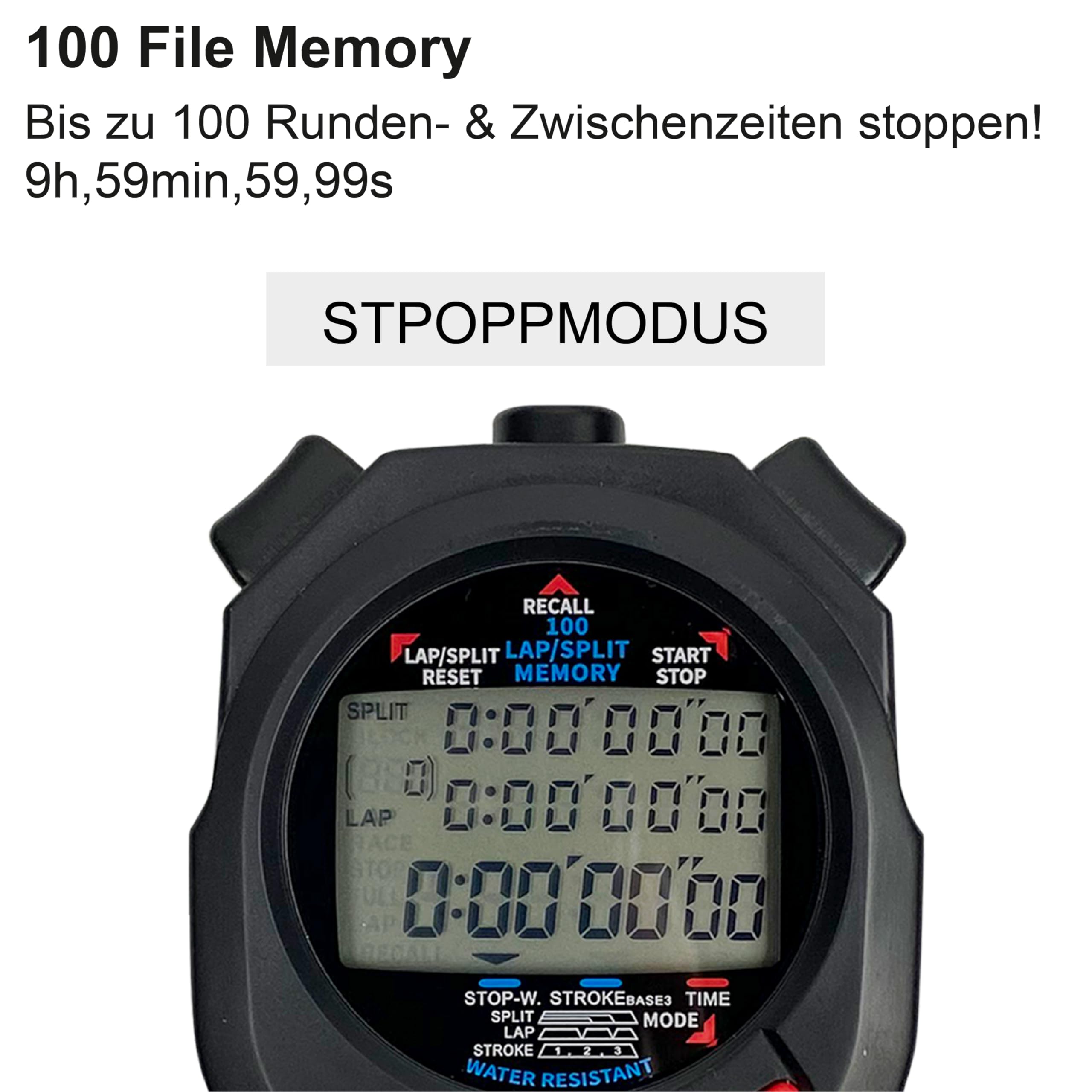 Stoptec Cronometro 495 | Display a 3 righe | 100 Memoria | Misurazione della frequenza della corsa | Ora e data | Antispruzzo | Facile sostituzione della batteria