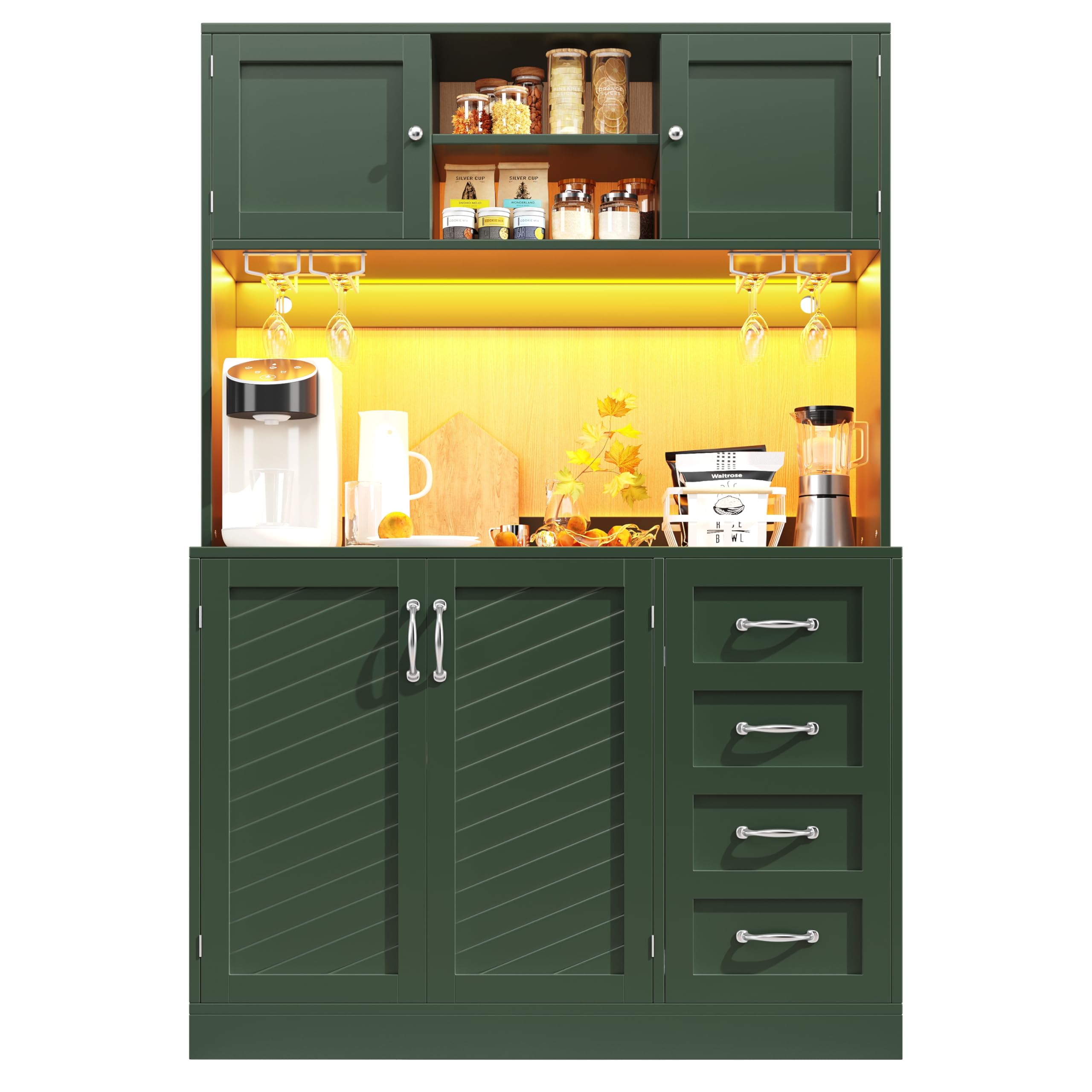 Küchenschrank Hochschrank mit Arbeitsplatte und LED-Licht, Küchenbuffet Buffetschrank mit Getränkehaltern und 4 Türen, Highboard Schrank mit Schubladen und Snackregal, Grün, 120x40x188 cm