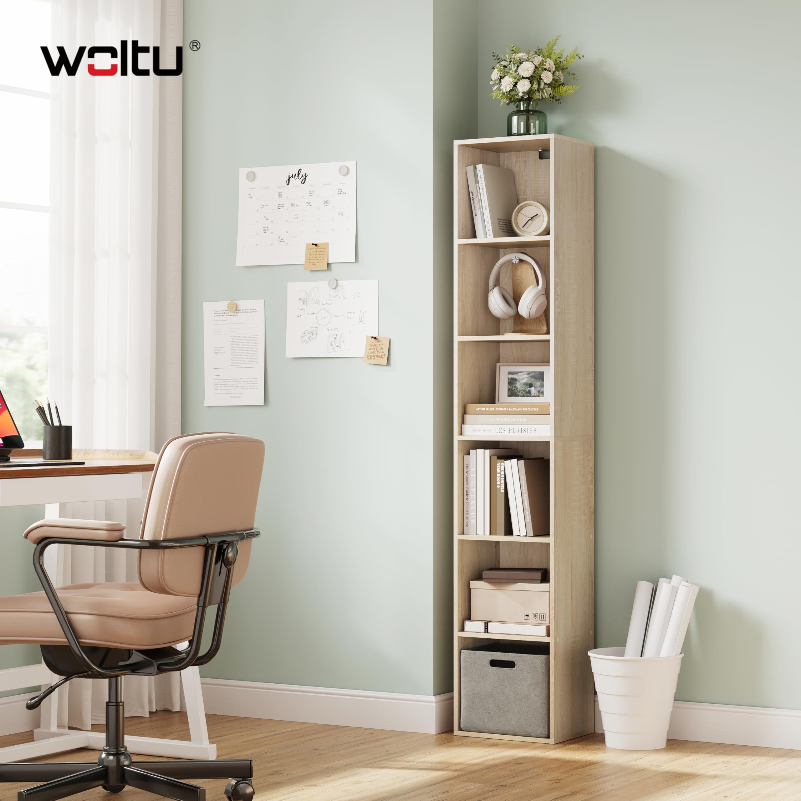 WOLTU Estantería de Piso para Libros de Exposición, con MDF, Roble Claro, Estante de Pared para Oficina, Gabinete para Archivos, 6 Compartimintos, 30x24x158,5cm SK003hei6