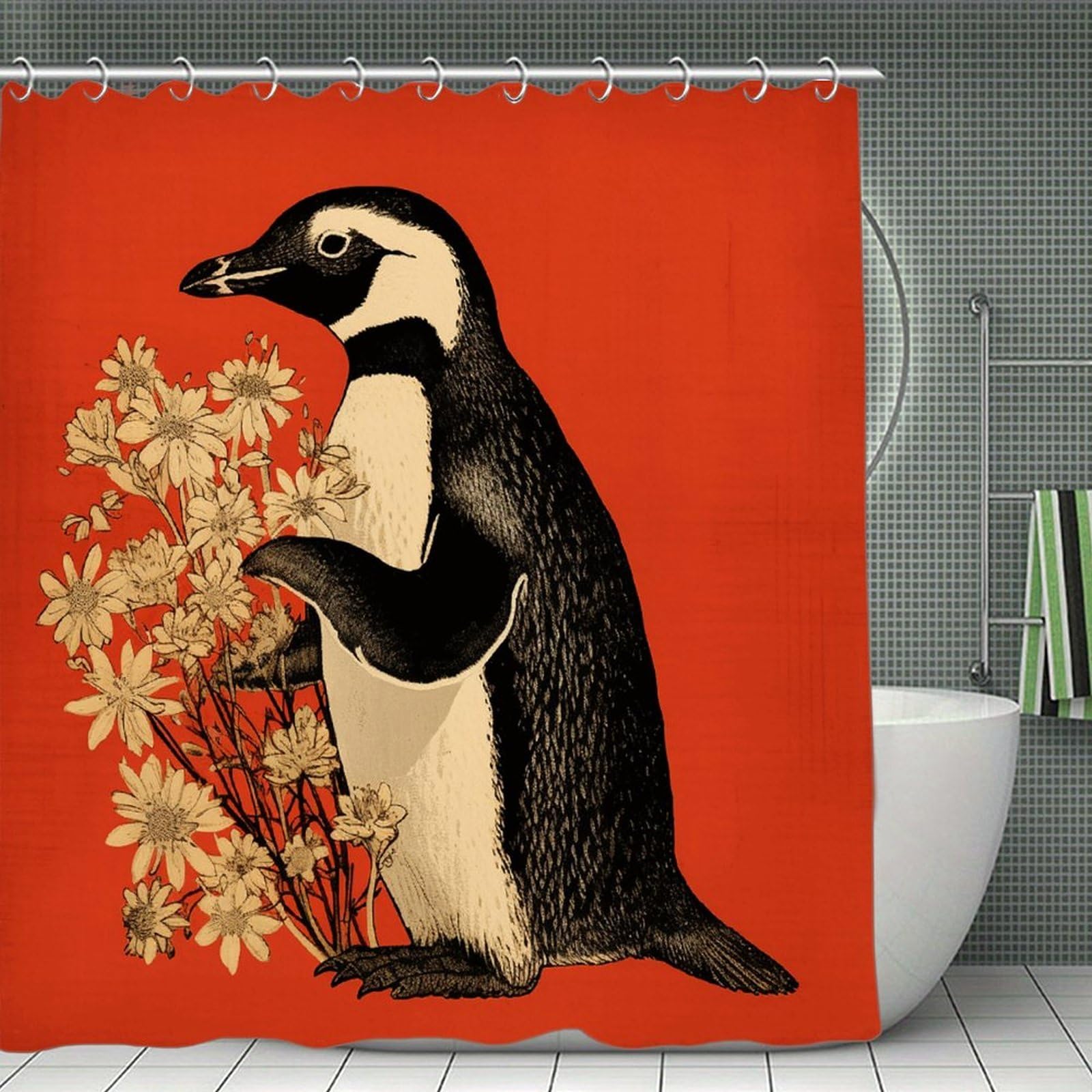 FekiLoot Penguin Holding Flower Shower Curtain Minimalist Aesthetic Bath Curtain with Hooks Simple Water Resistant Bathroom Shower Curtains Cute Blackout Privacy Curtains Cloth Curtain