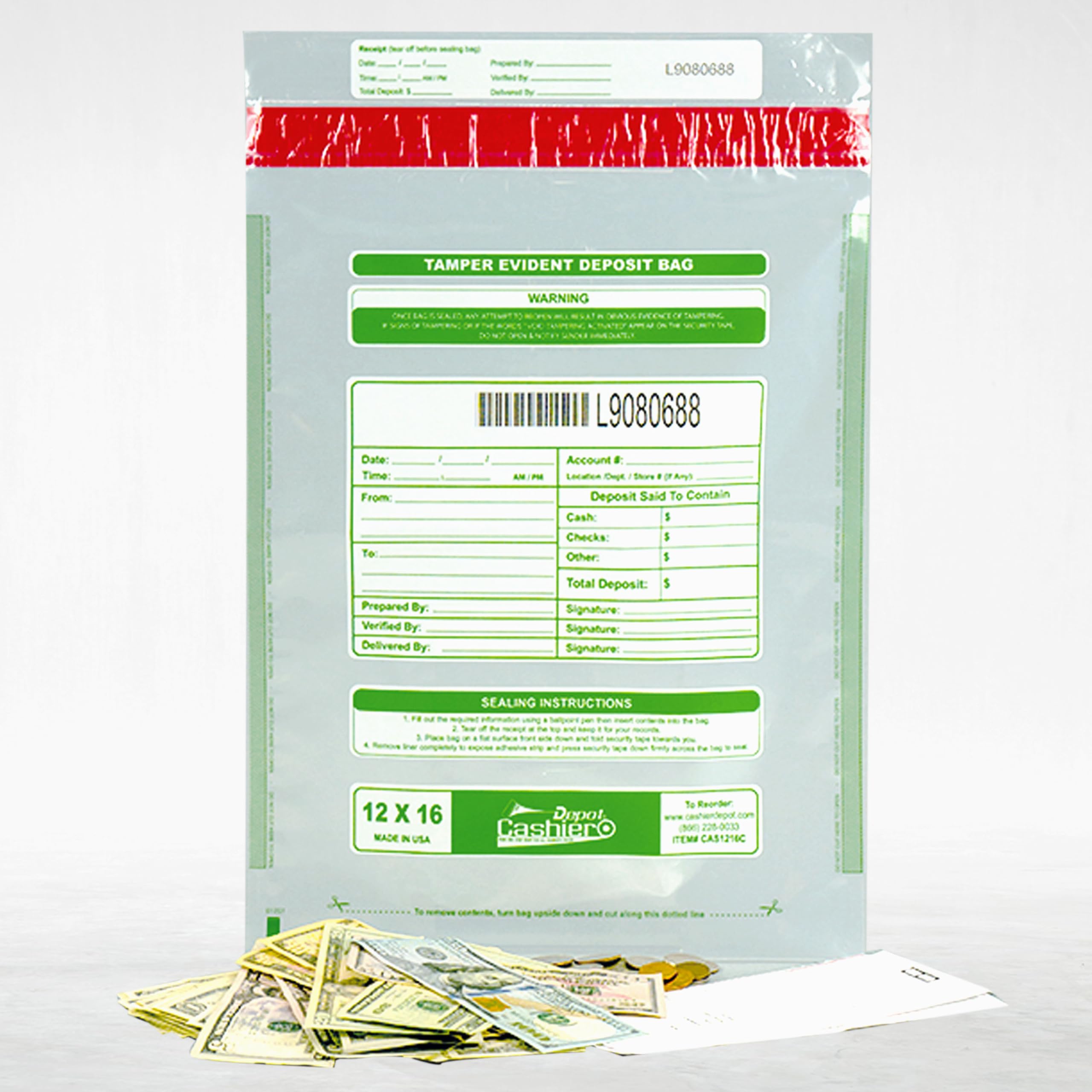 100 Cashier Depot - Tamper Evident Deposit Bags, 12" x 16", Clear, Plastic, Press & Seal VOID Closure, Perforated Receipt, Serialized Barcode, 100 Count