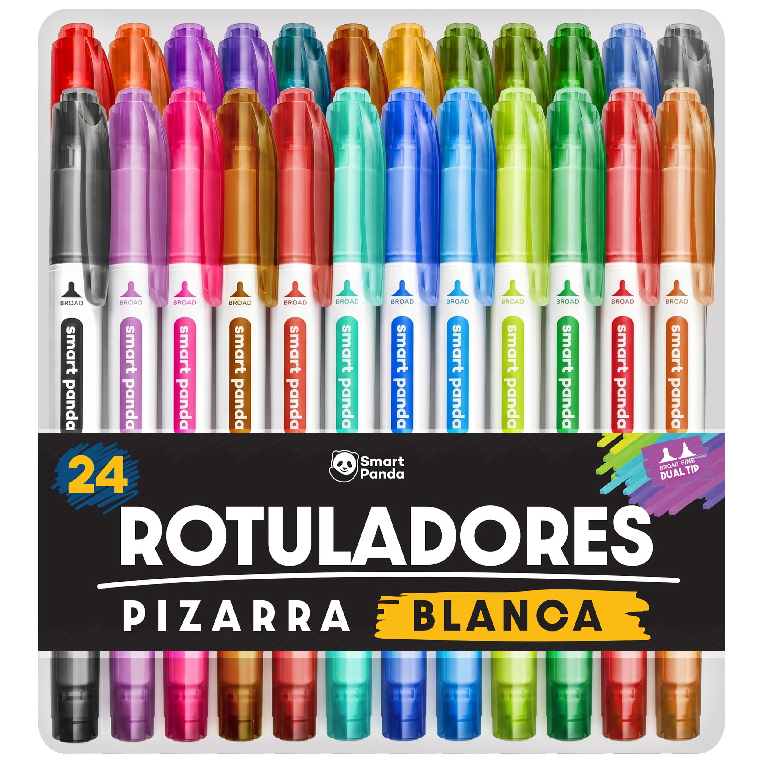 SmartPanda Rotuladores Pizarra Blanca, Punta Doble, Mediana y Fina – Borrado en Seco para el Hogar u Oficina – 24 Colores
