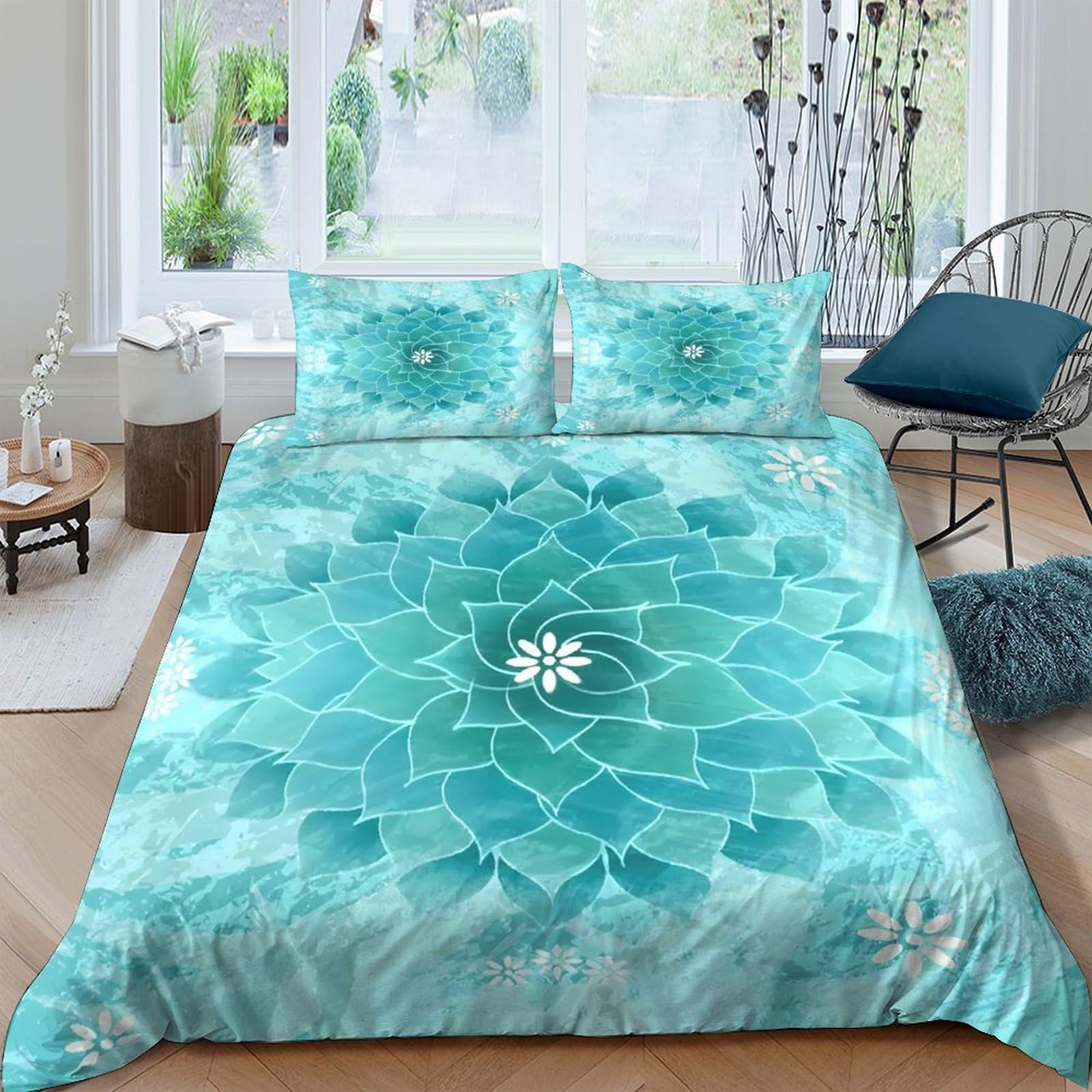 Ctjqhvkz Style-6 3D Printed Aqua Mandala Fitted Sheet Microfiber Soft Teal Lotus Mattress Cover Bedroom Decor Dustproof Washable Single（135X200cm）