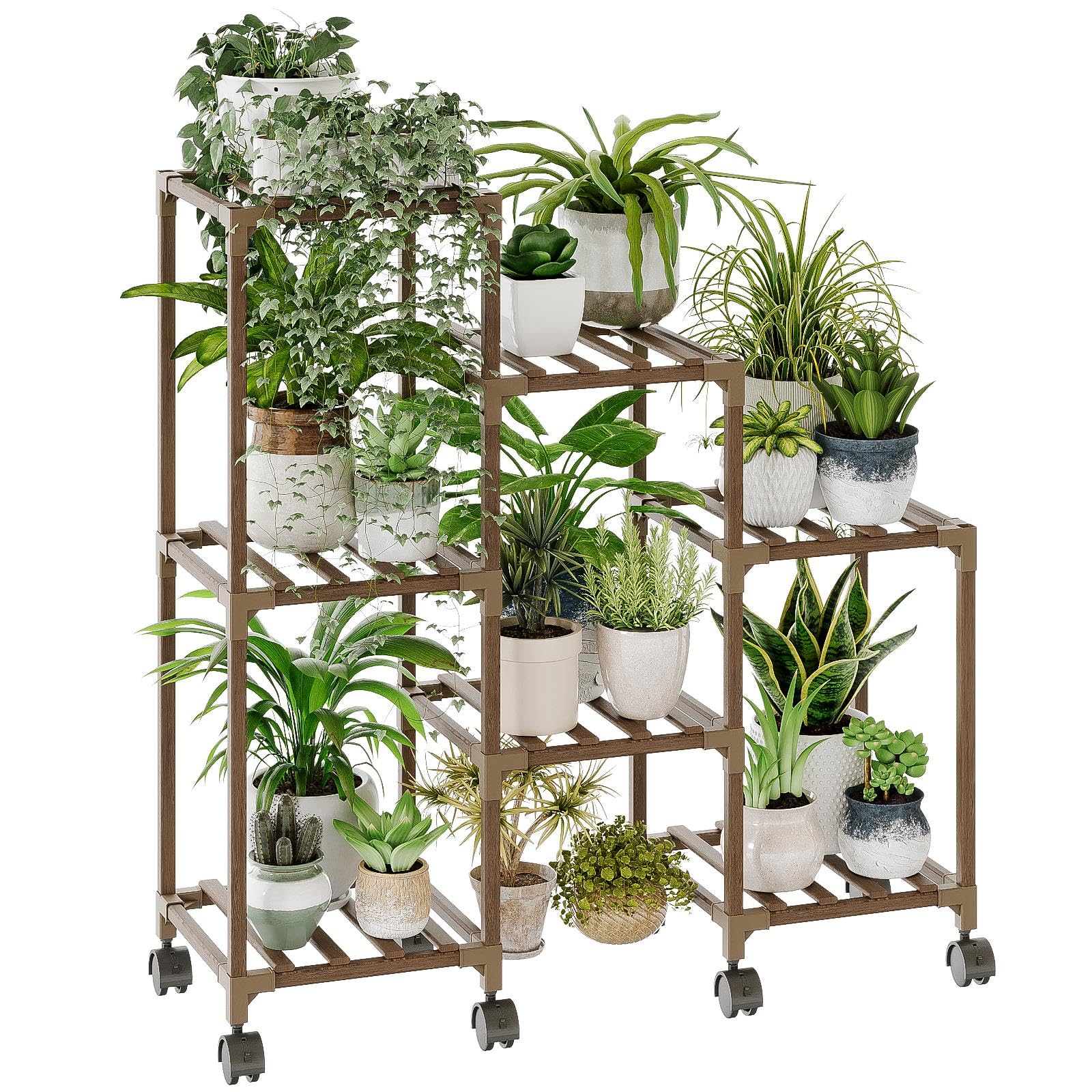 Bamworld Support Plantes Intérieur avec Roulettes, Porte Plante Intérieur en Bois, Étagère à 3 Niveaux pour 7 Pots, Étagère Plante pour Fenêtre, Jardin, Balcon, Patio, Salon, Porte Plante Extérieur