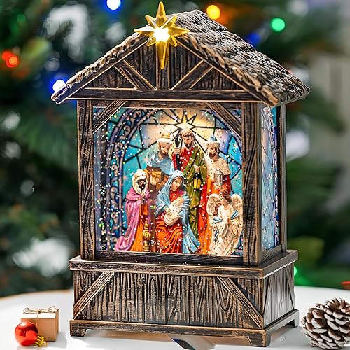 Miniatura 10 de Globo de nieve musical de árbol de Navidad iluminado con cardenal y linterna de agua con purpurina giratoria, decoración para hogar navideño y sala