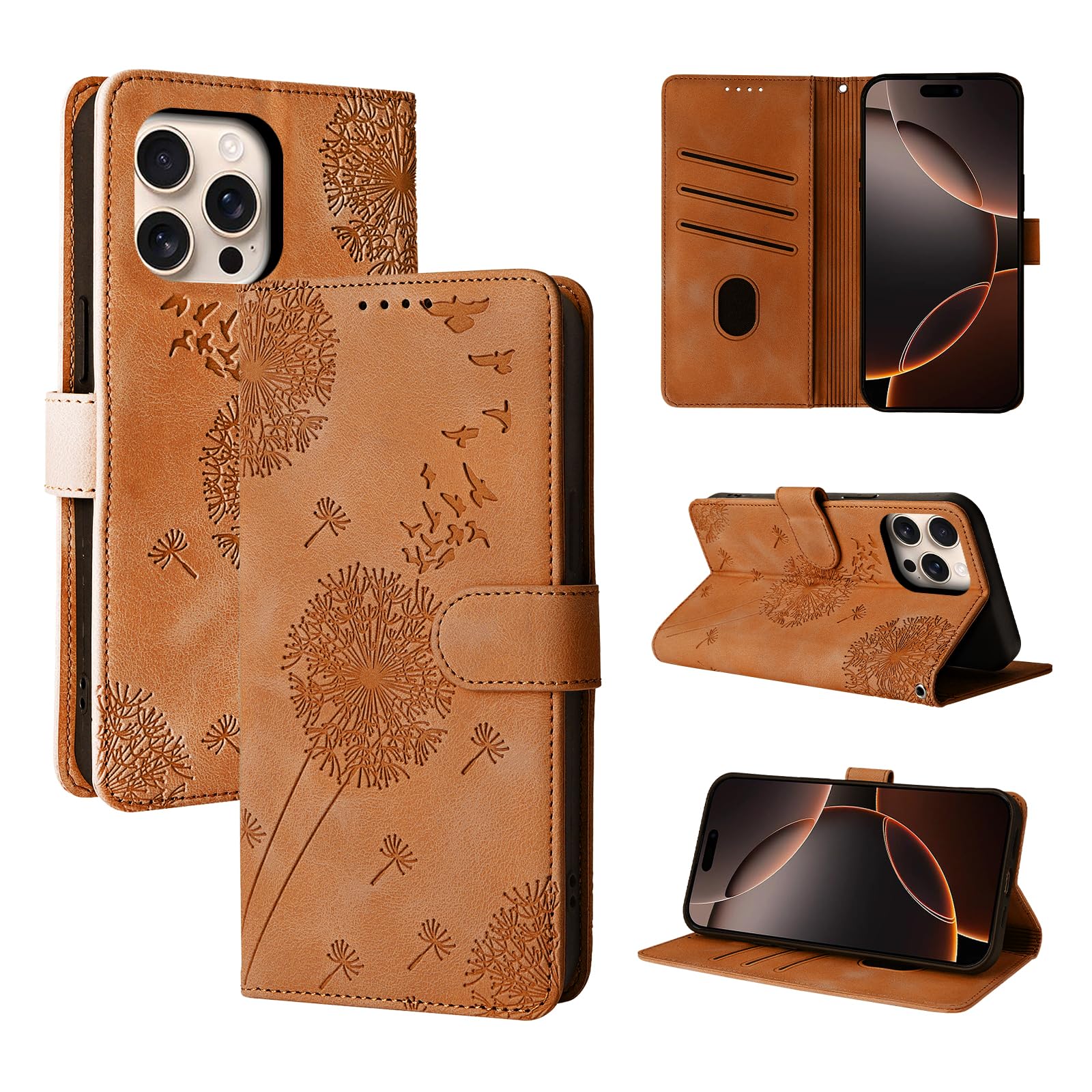 Rostsant Case for iPhone 16 Pro Dandelion Cover Premium PU Leather Flip Phone Case Wallet Card Slots Protective Cover for iPhone 16 Pro Brown