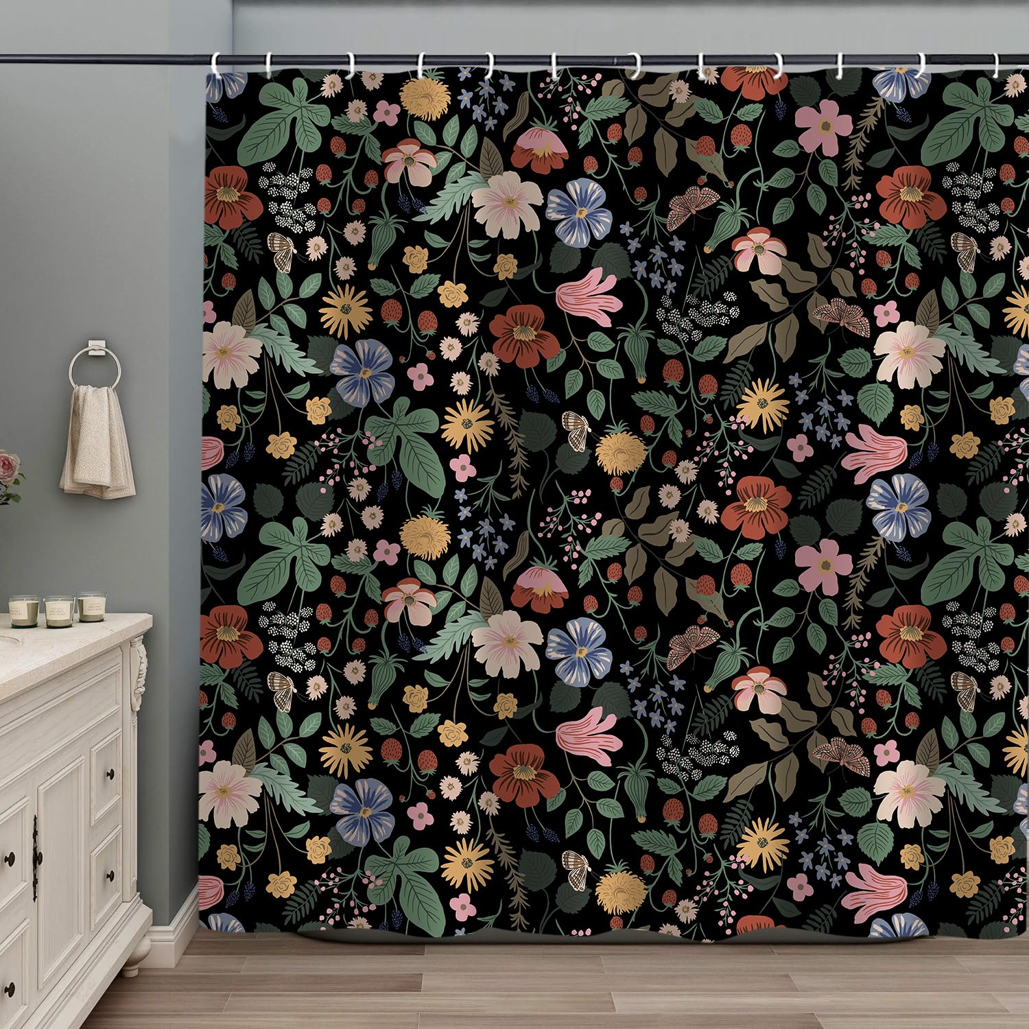 iTapnoom Vitange Boho Black Floral Shower Curtain, Botanical Country Wlidflowers Cute Leaves Flowers Bathroom Curtain, 72x72 in Polyester Fabric