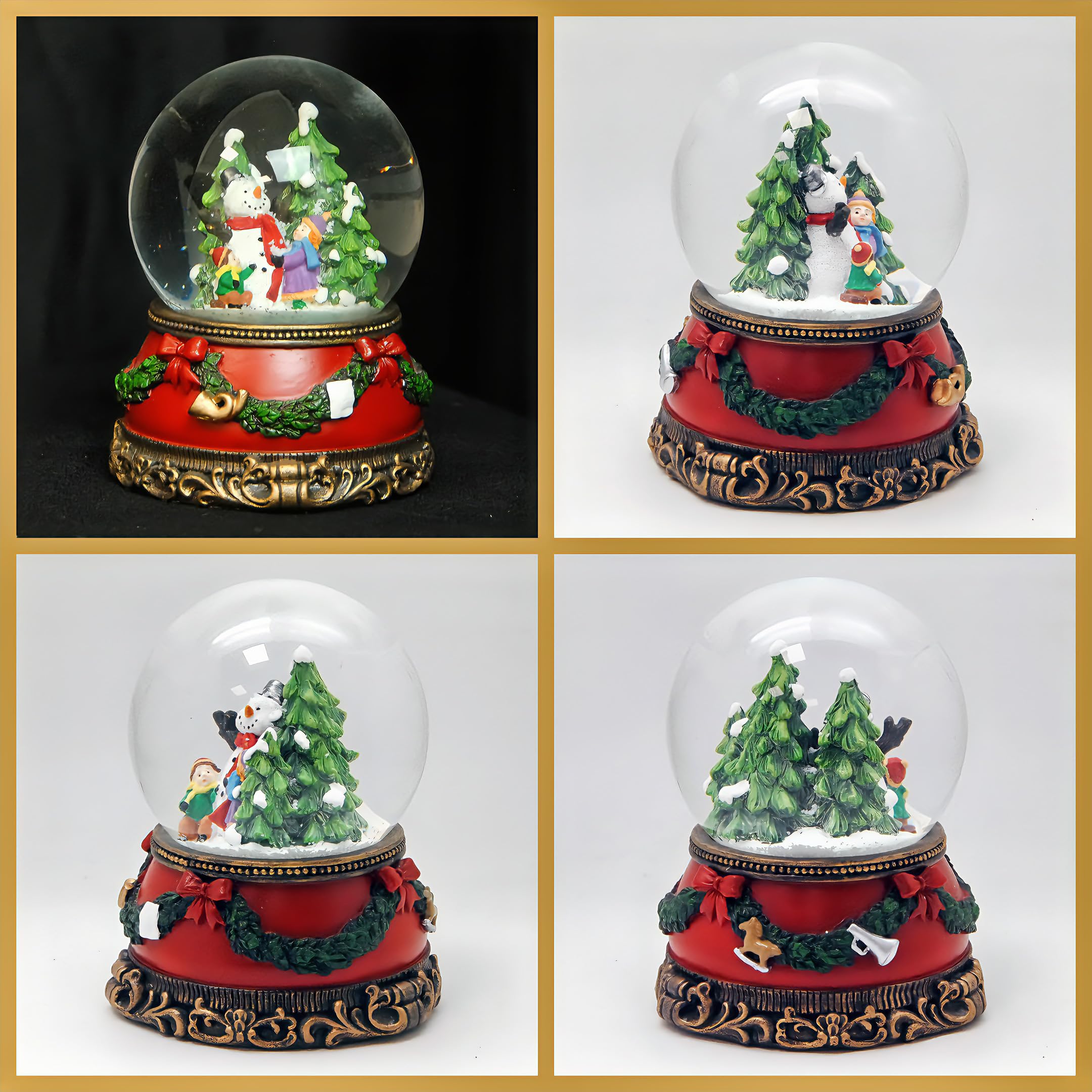 Schneekugel Weihnachten Spieluhr | Kinder Bauen Schneemann | Sockel Weihnachten rot Tannengirlande | mit Spieluhr | Schüttelkugel Weihnachtsdekoration | B: 10 cm H: 14 cm | 20270