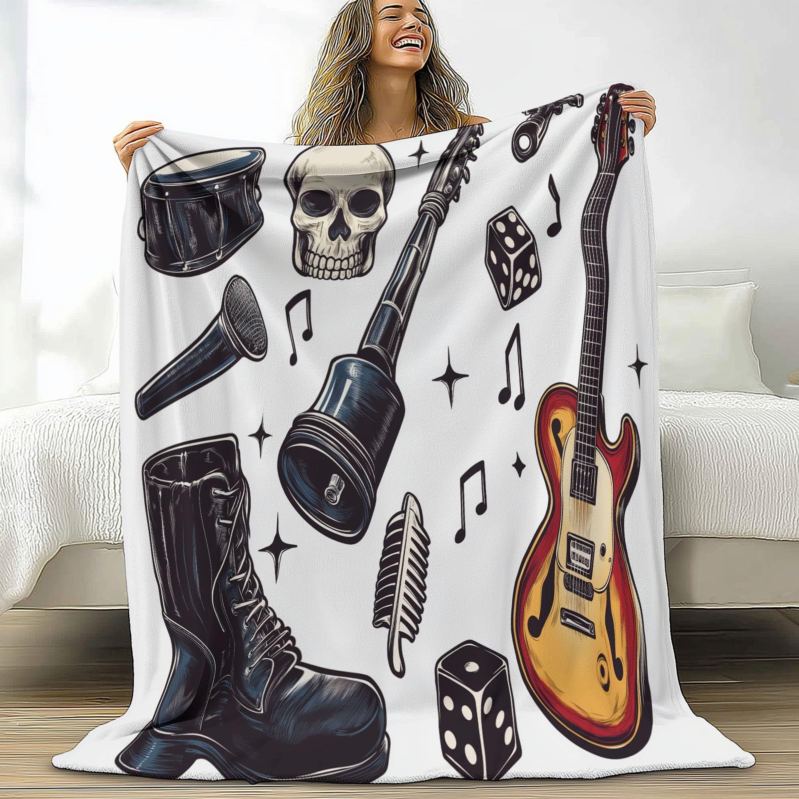 Flanelowy koc Element rockowy Mikrofon gitarowy 150 x 200 cm Koce polarowe z mikrofibry Polar Na wszystkie pory roku Sofa Podróżna Sofa dla dzieci Dorośli, Biały