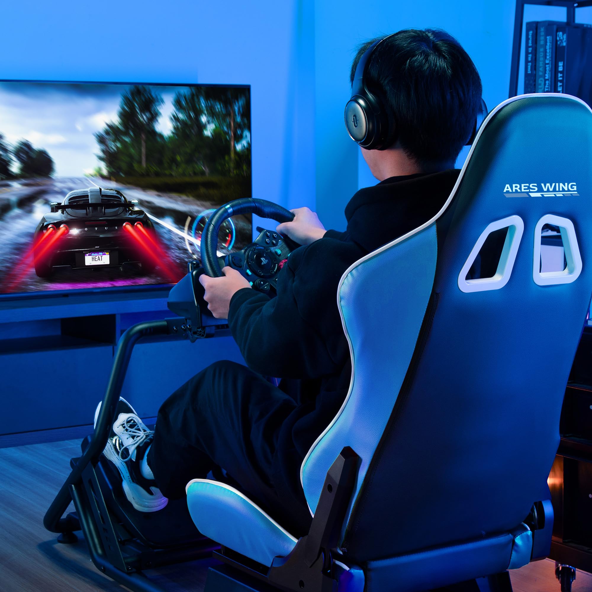 ARES WING Racing Simulator Cockpit mit Sitz, Blau | SIM Racing Cockpit Kompatibel mit Fanatec, Thrustmaster, Moza Racing Games Kompatibel mit PS, Xbox und PC