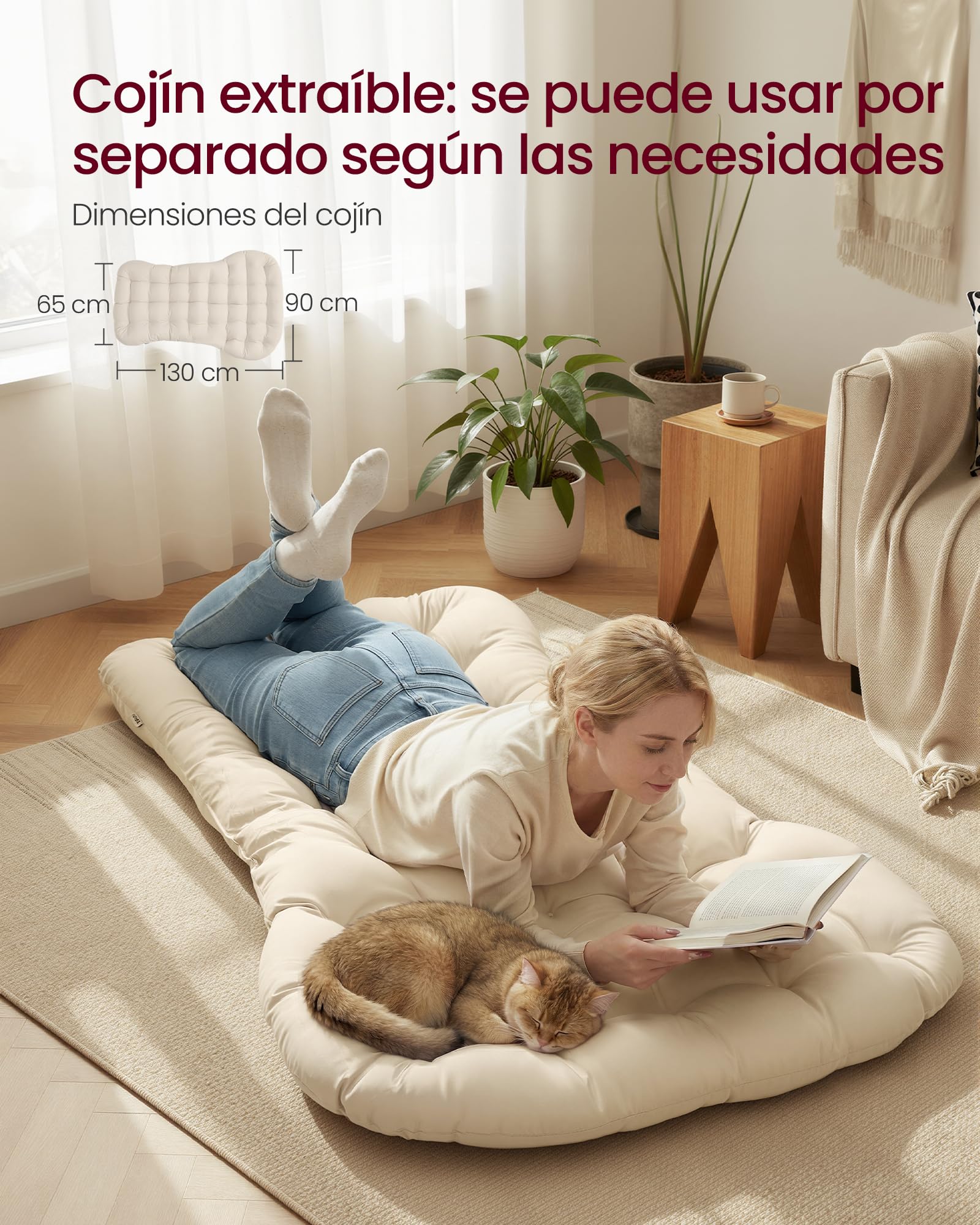 VASAGLE Silla Mecedora, Mecedora con Marco de Acero, Reposapiés Extraíble, Cojín Extraíble, Carga de 136 kg, Dormitorio, Sala de Estar, Terraza, Jardín, Beige LYY062WZ01