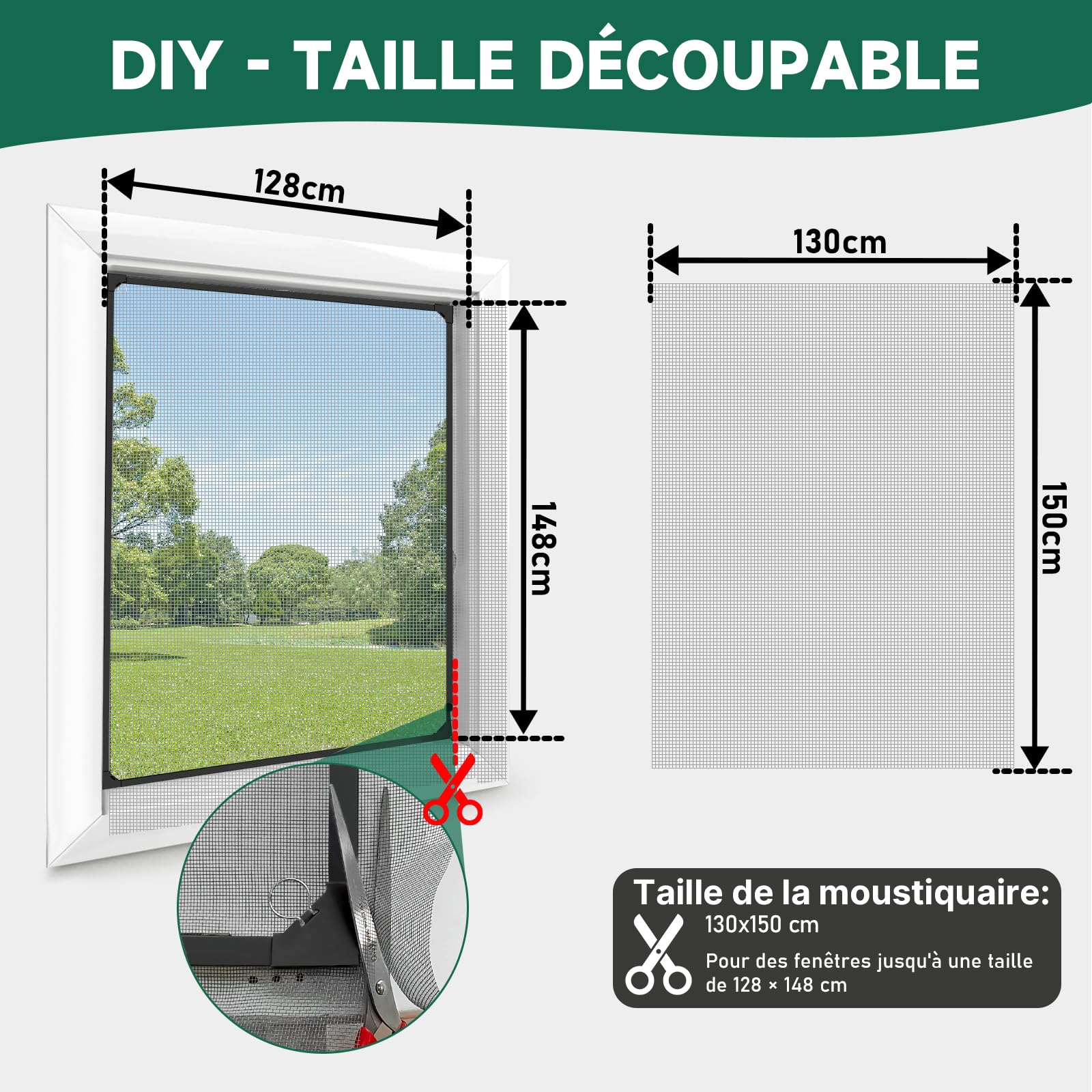 Moustiquaire de Fenêtre avec Fixation Magnétique Puissante, moustiquaire aimantée, Taille Ajustable Sans Perçage ni Vissage (Cadre Noir, Toile Noire, 130 x 150 cm)