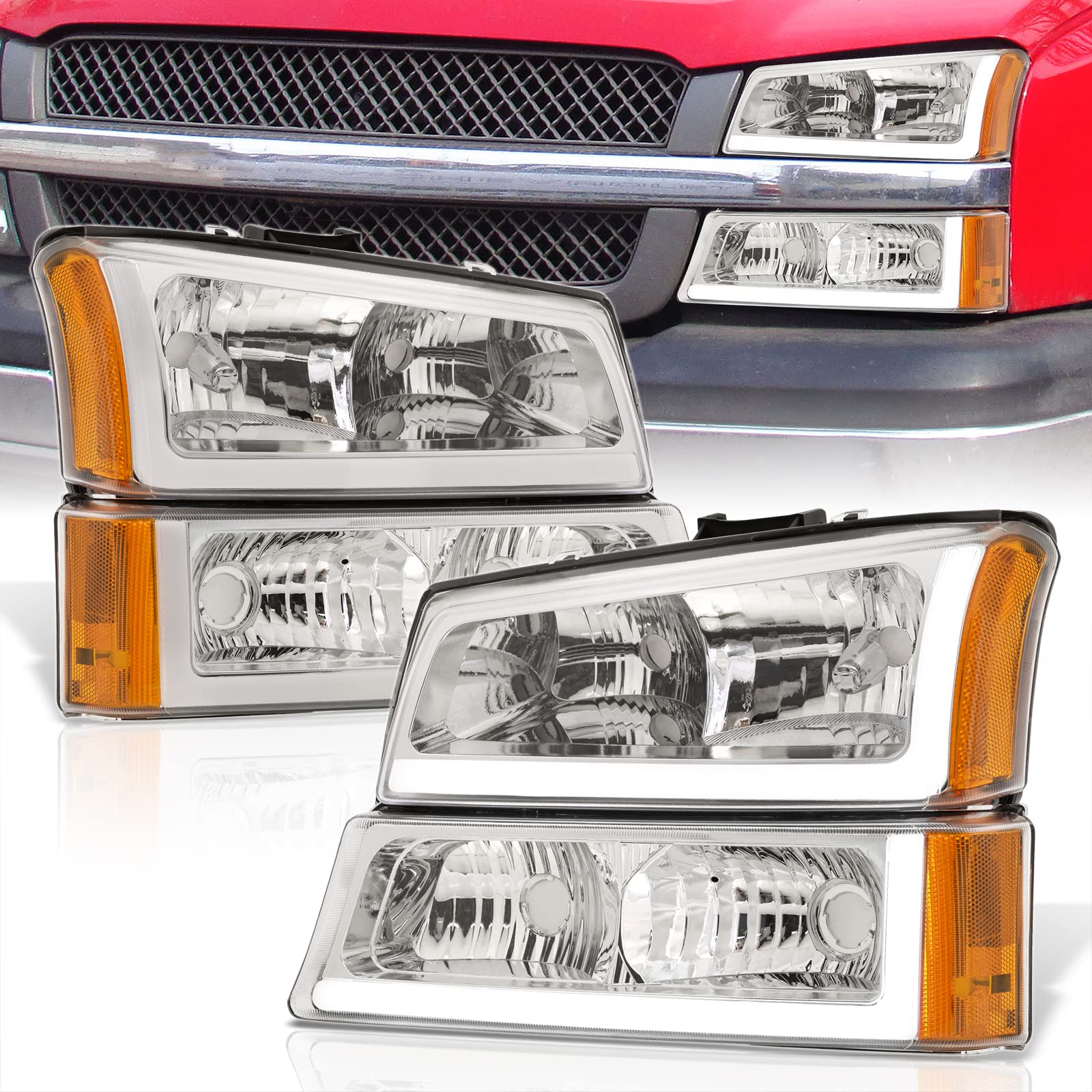 AJP Distributors LED DRL Chrome Housing Clear Lens Amber Reflector Signal Headlights Bumper Lamps Assembly Lights Pair Set Compatible/Replacement For Silverado 2003 2004 2005 2006 2007 03 04 05 06 07