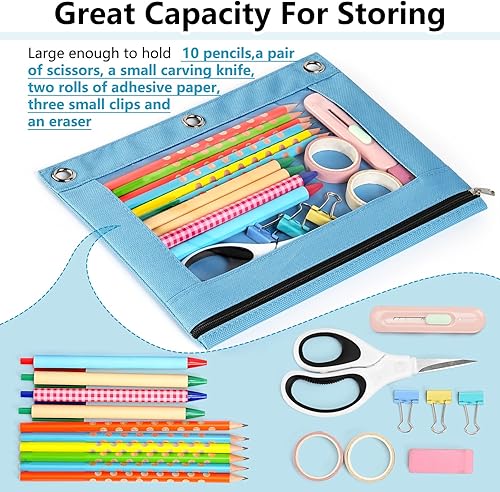 Miniatura 5 de Forvencer Paquete de 6 bolsas para lápices para carpeta de 3 anillas, cremallera suave de 3 anillos, estuche multicolor para carpeta, bolsa para