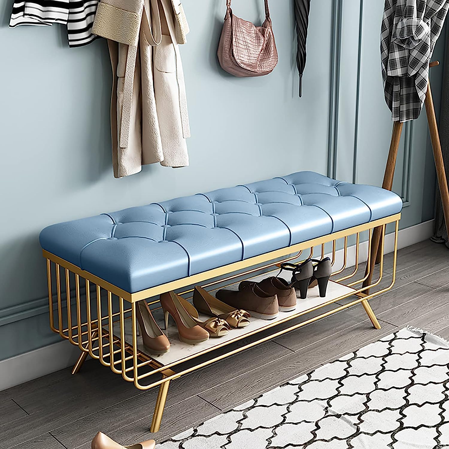Banc à chaussures en marbre et métal : organisateur moderne de porche