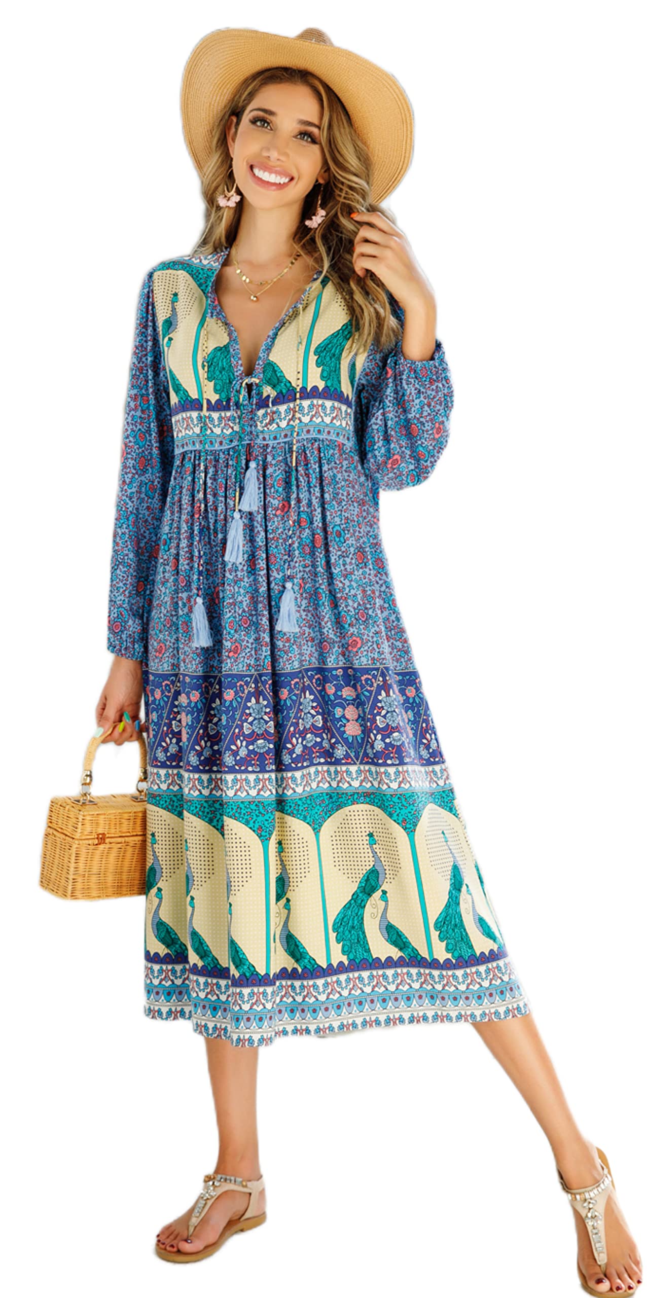 R.Vivimos Women's Long Sleeve Floral Print Retro V Neck Tassel Bohemian Midi Dresses