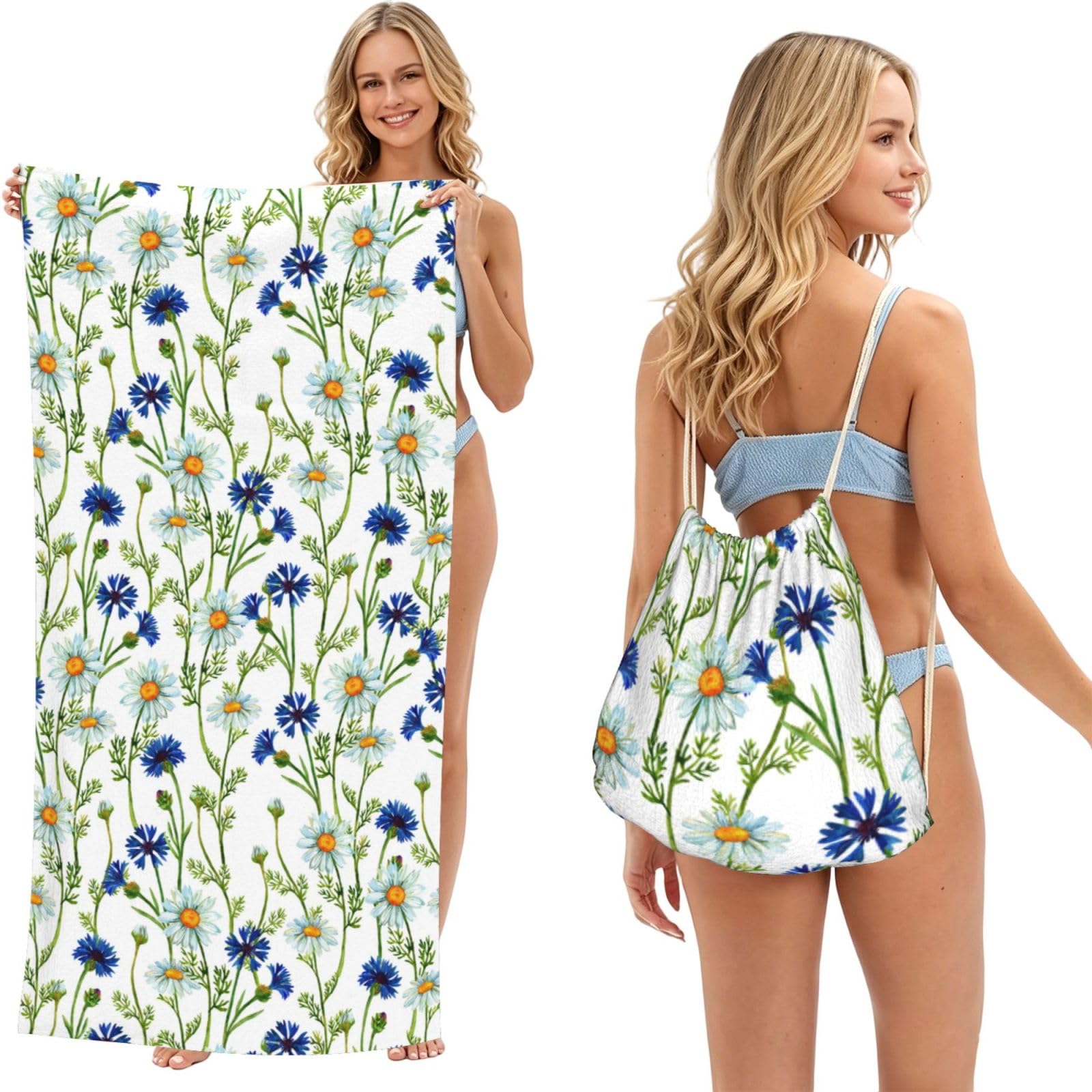Poadnly As Picture Watercolor Chamomiles Cornflowers, 2 In 1 Packable Towel Bag, Beach Towels With Drawstring Backpack For Travel Holiday Camping
