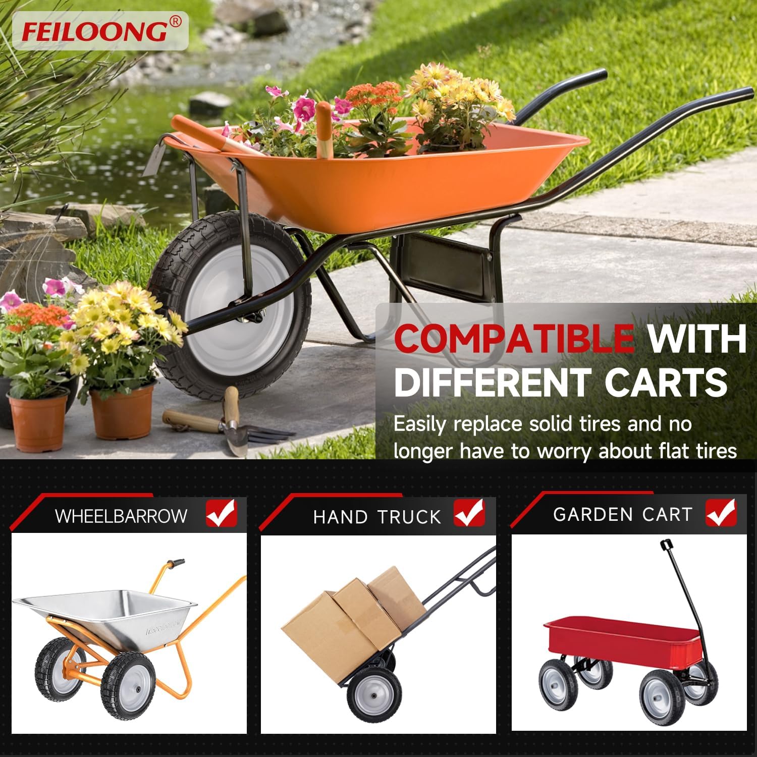 4.80/4.00-8 Tire and Wheel, 14.5" Flat Free Wheelbarrow Tire, 5/8" 3/4" Bearings Universal Solid Replacement Tires, 3" -7" Centered Hub for Hand Truck, Garden Cart, Includes Spacer Kit - Image 6