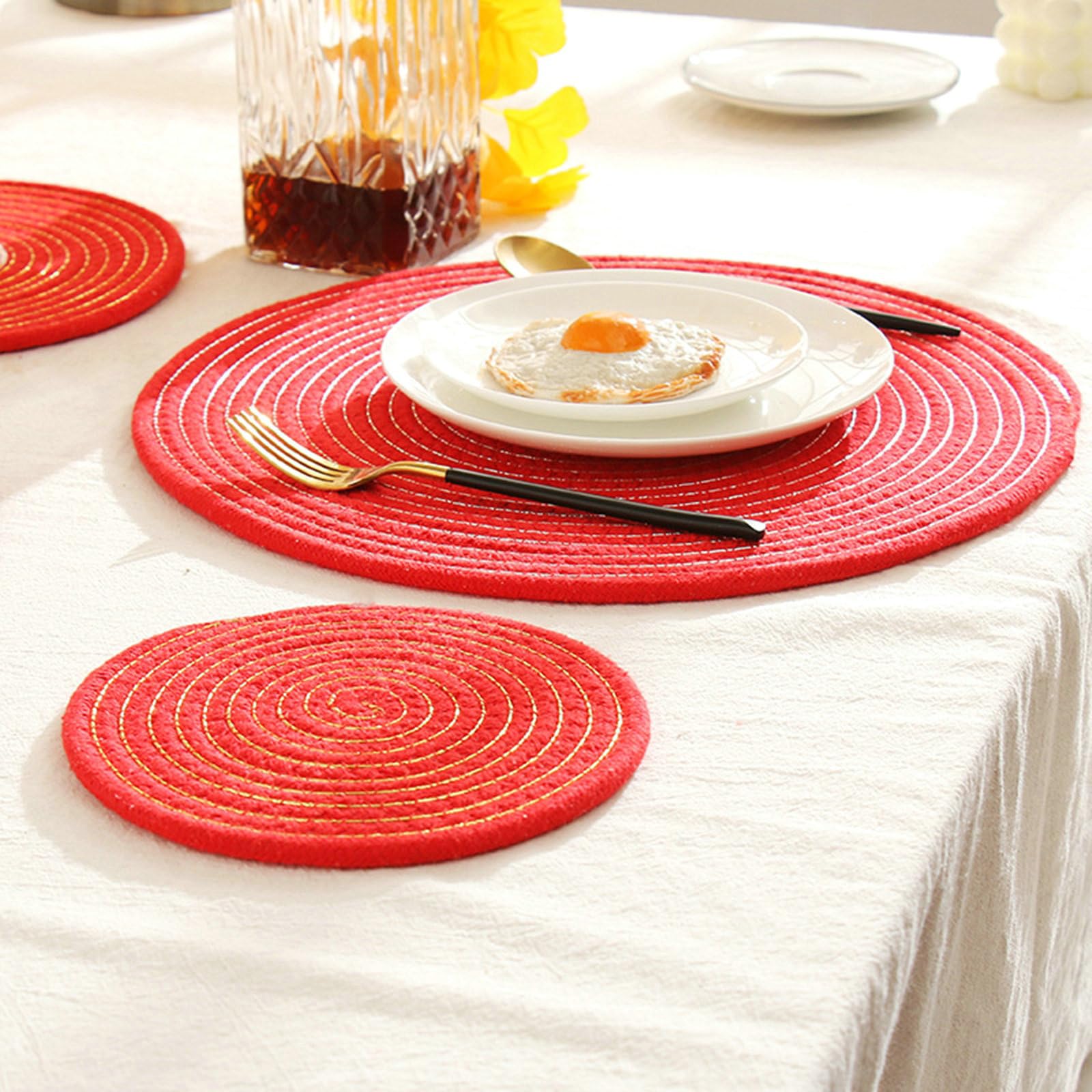 Mantel individual lavable redondo, juego de 6 manteles individuales antimanchas, hilo de algodón plateado, color liso, manteles individuales de algodón linen resistentes al calor, rojo-plata